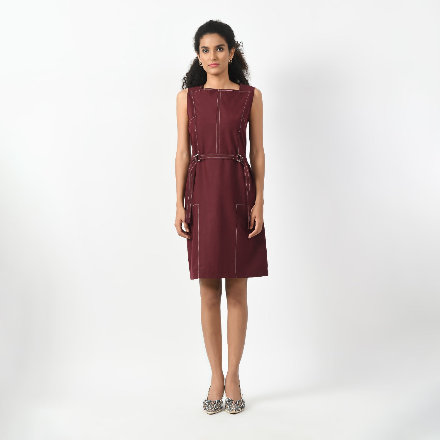 Maroon Square Neck Dresses for Women Office Wear-5