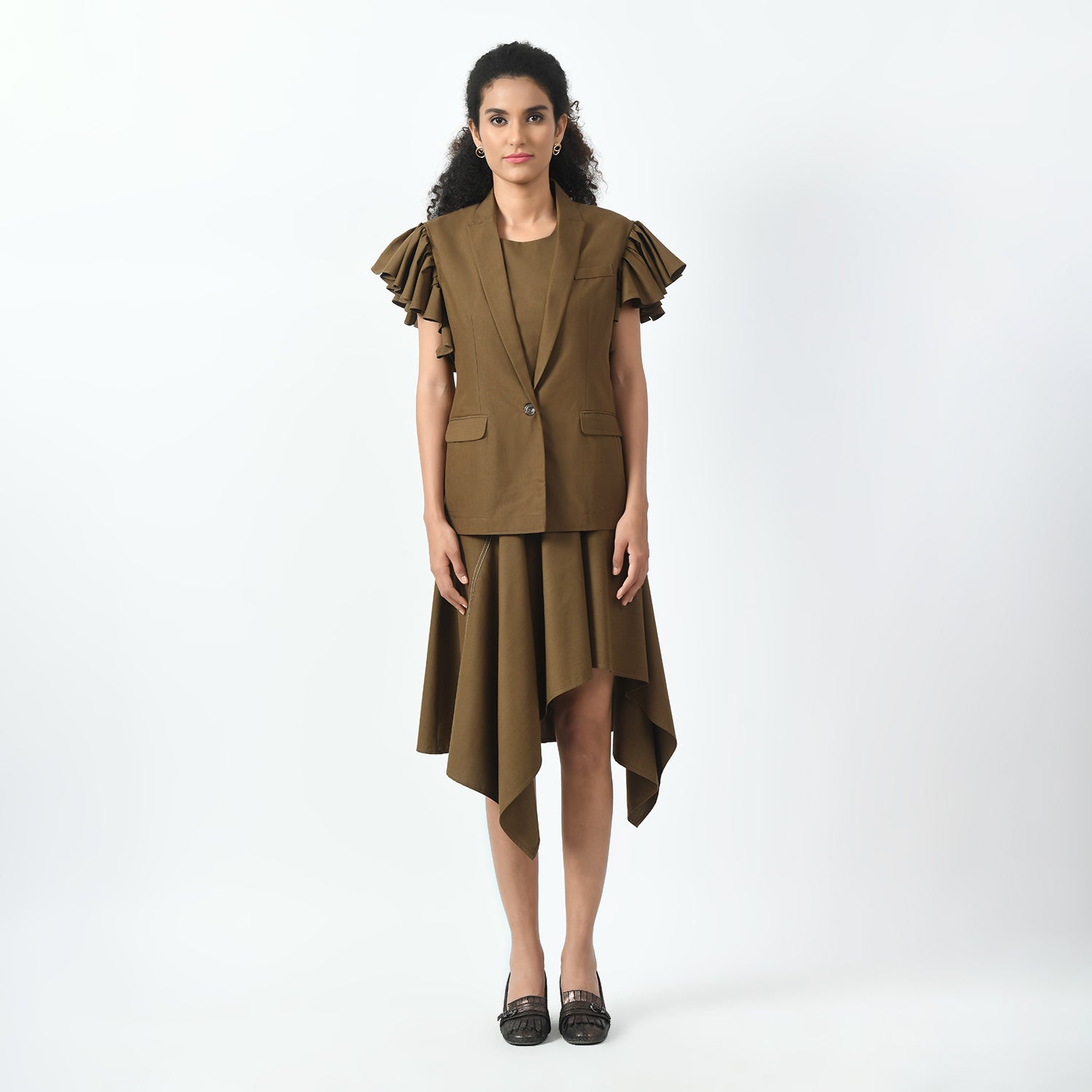 Brown Jacket with Frill Sleeves for Women-5