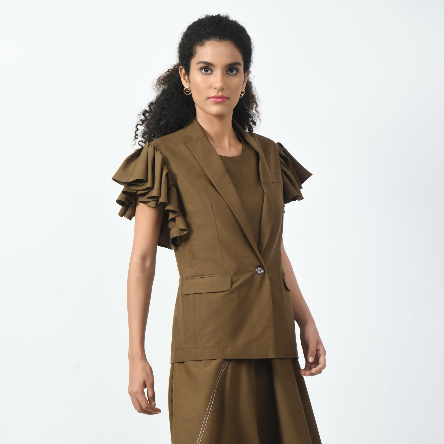 Brown Jacket with Frill Sleeves for Women-2