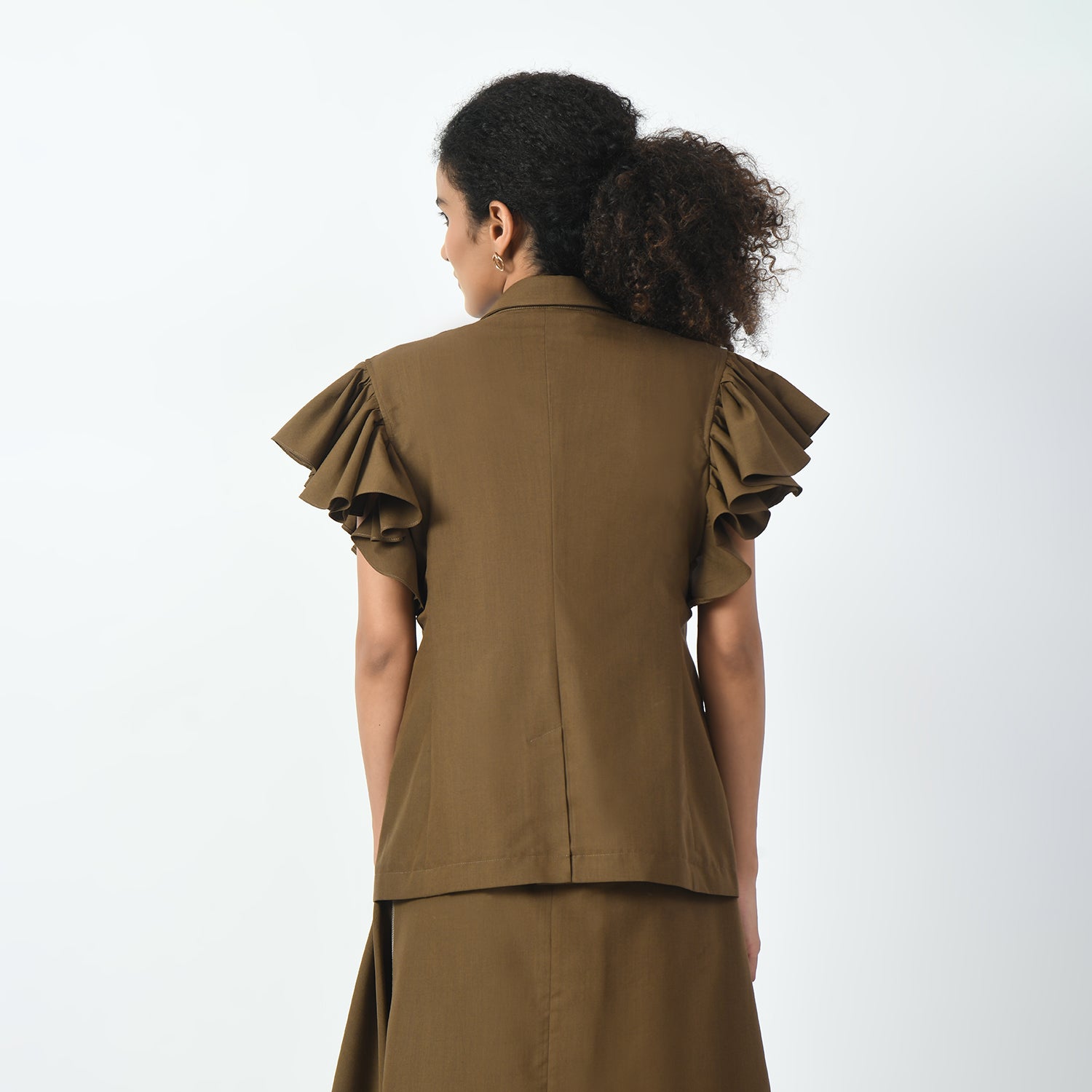 Brown Jacket with Frill Sleeves for Women-4