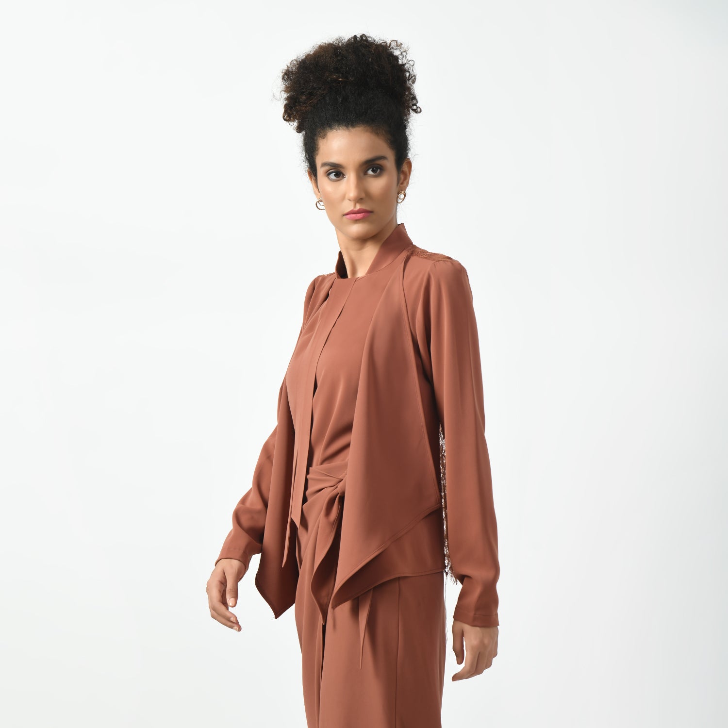 Peach Asymmetrical Short Lace Jacket for Women-2