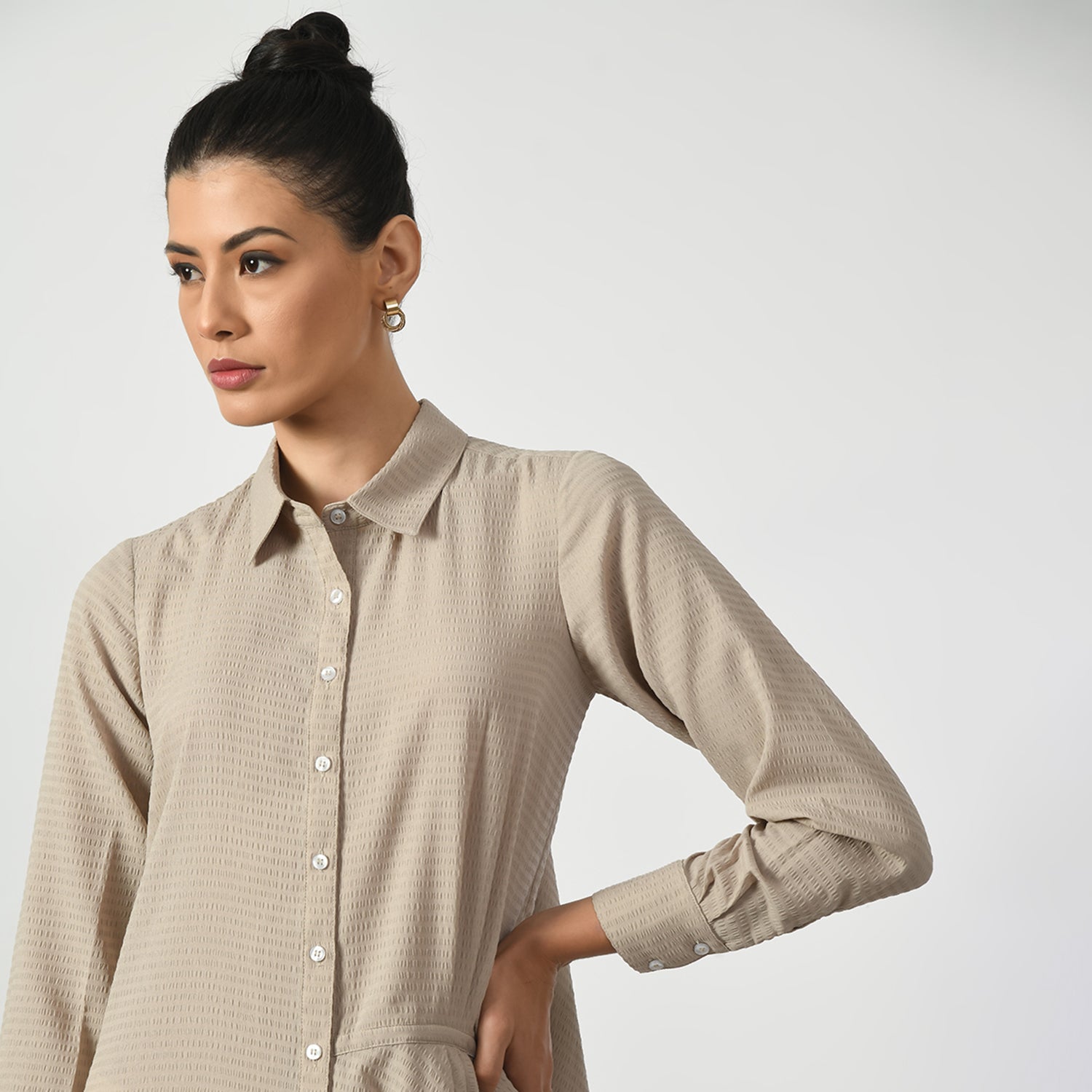 Beige Line Texture Long Tunic for Women -4