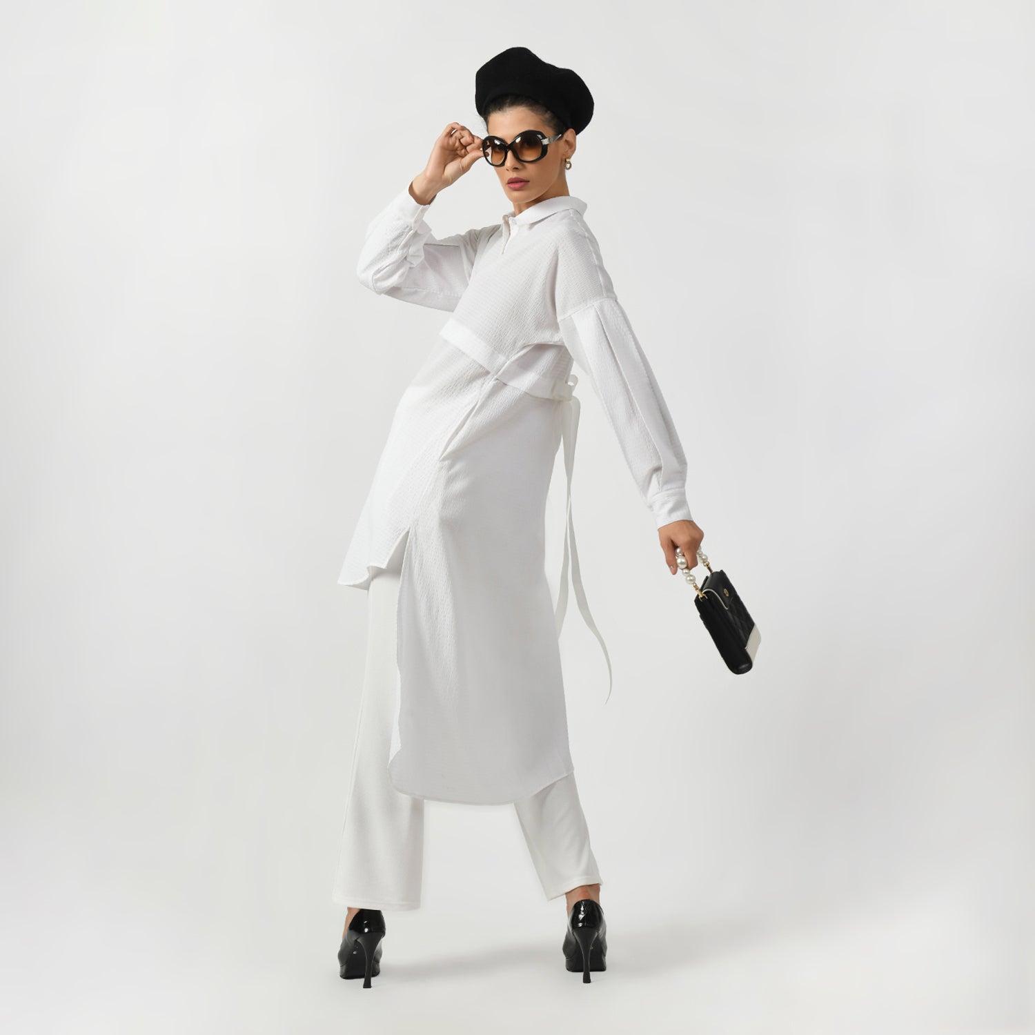 White Line Texture Asymmetrical Shirt, white shirts for women, professional shirts for women, office-ready shirts, lightweight formal shirt, casual cotton shirts for office, formal office shirts, best shirts for professional women, asymmetrical shirts for women , line texture shirts, stylish formal white shirt for women