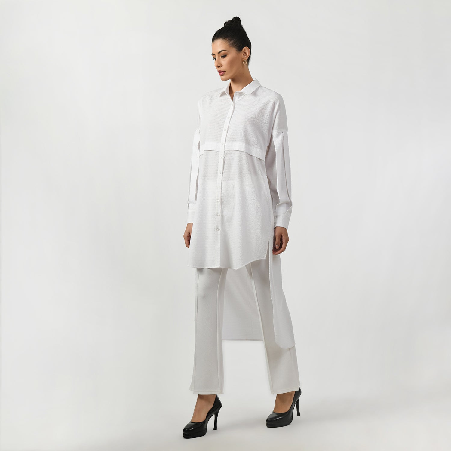 White Line Texture Asymmetrical Shirt, white shirts for women, professional shirts for women, office-ready shirts, lightweight formal shirt, casual cotton shirts for office, formal office shirts, best shirts for professional women, asymmetrical shirts for women , line texture shirts