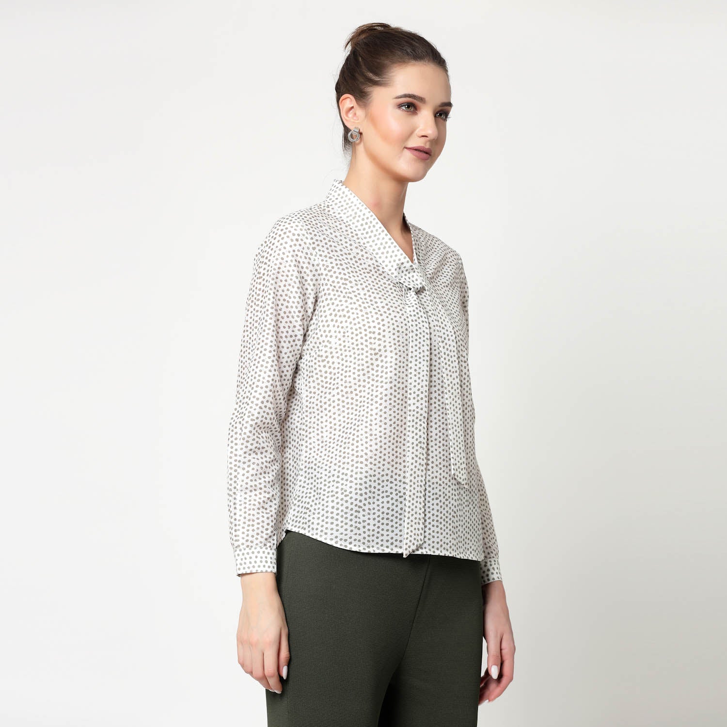 White & Olive Polka Top With Tie Knot, formal tops for women
tops for women stylish
office dress for women
stylish tops for women