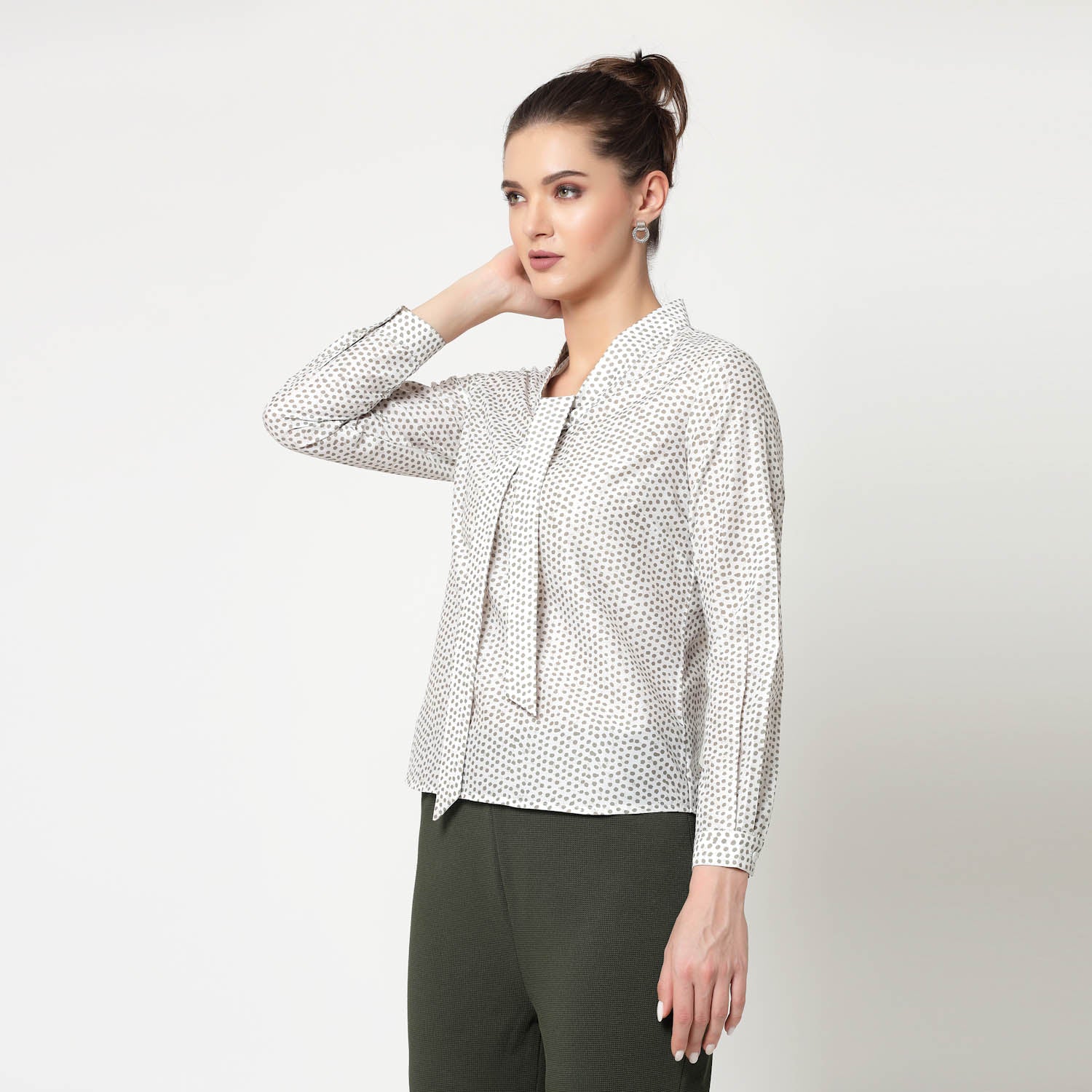 White & Olive Polka Top With Tie Knot, formal tops for women
tops for women stylish
office dress for women
stylish tops for women