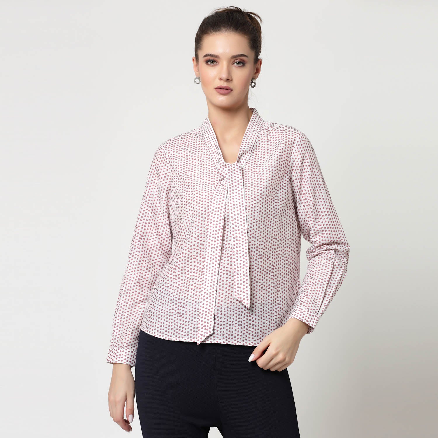 White & Pink Polka Top With Tie Knot