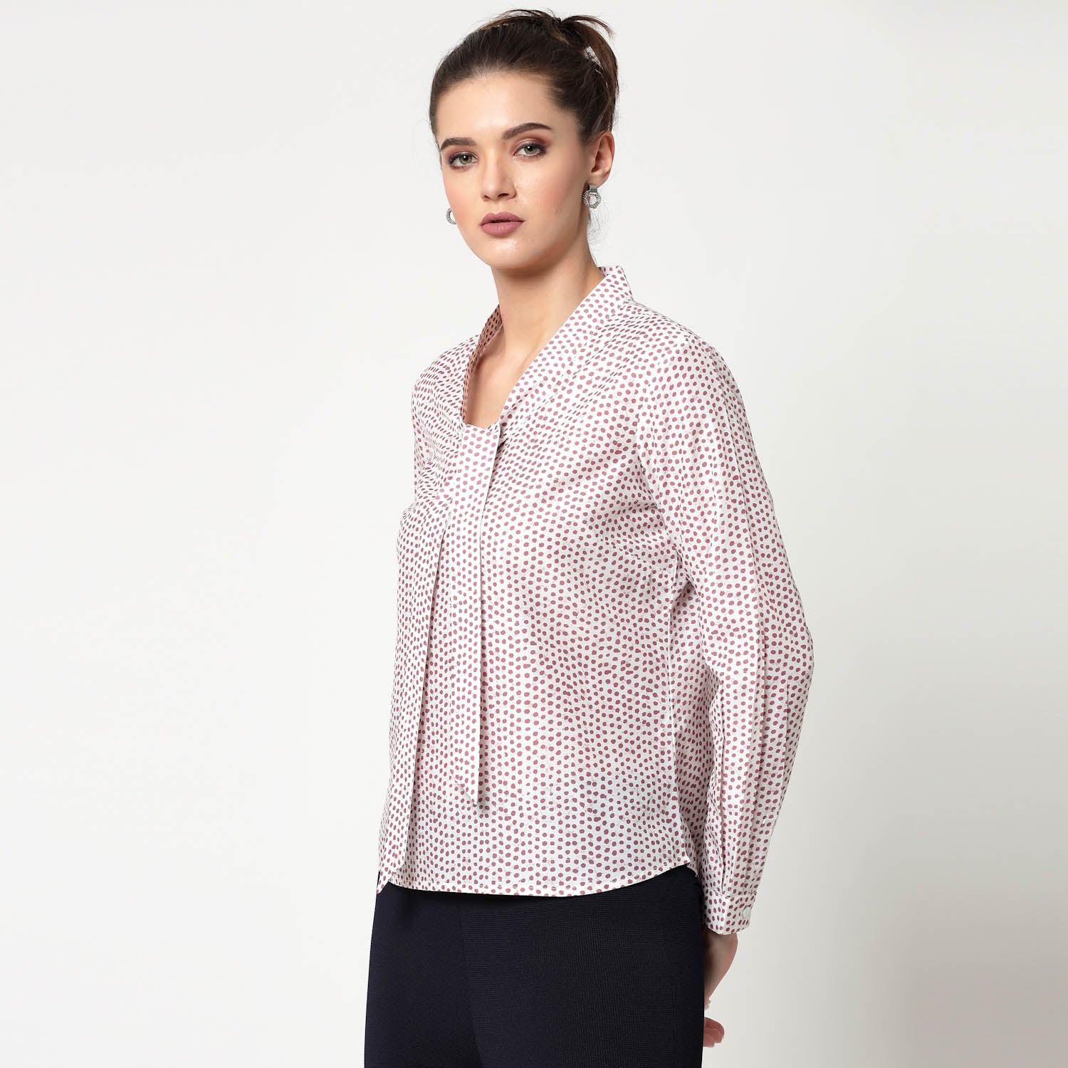White & Pink Polka Top With Tie Knot, formal tops for women
tops for women stylish
office dress for women
stylish tops for women
