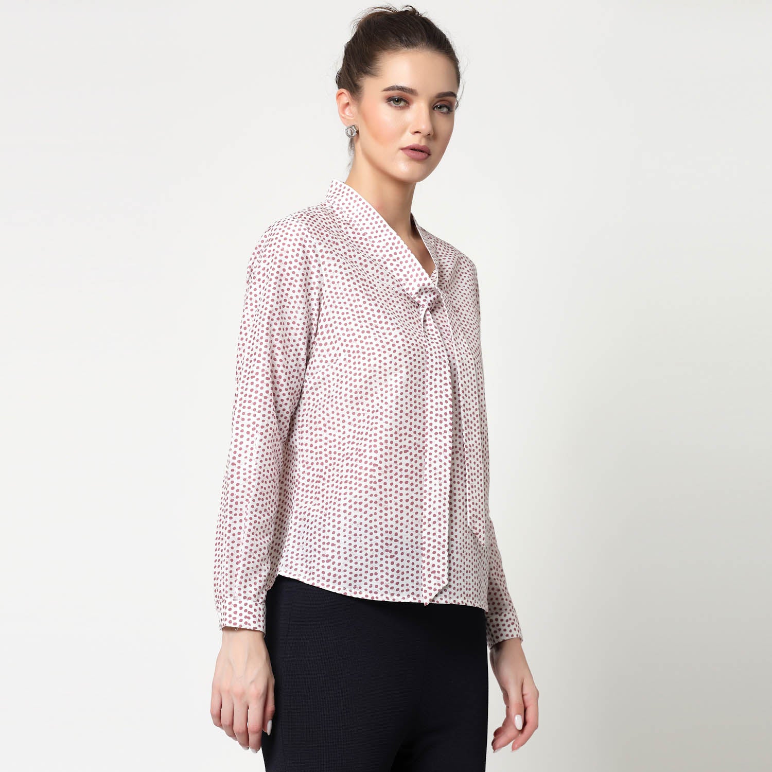 White & Pink Polka Top With Tie Knot, formal tops for women
tops for women stylish
office dress for women
stylish tops for women