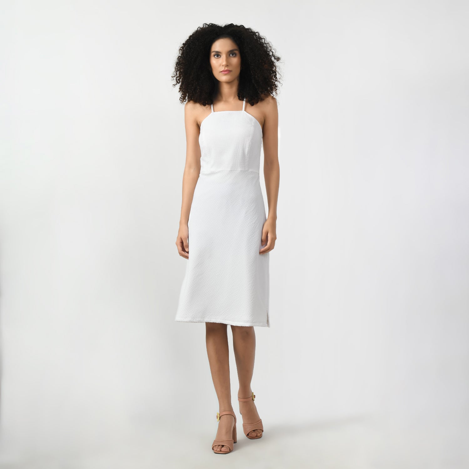 White Texture Halter Office Wear Dresses for Women-5