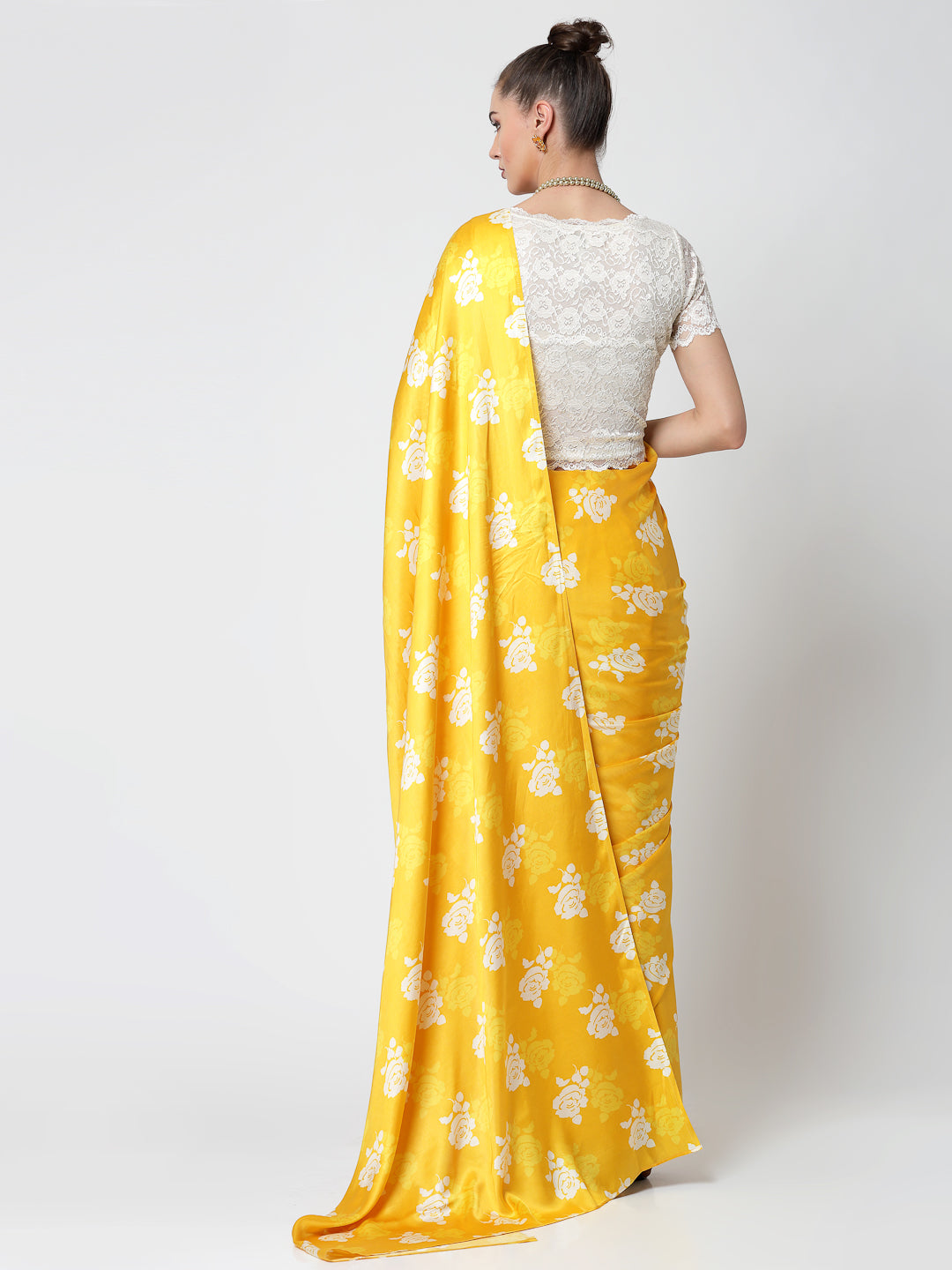 Yellow Floral Print Saree, Professional Sarees for Women - Traditional Workwear Elegance