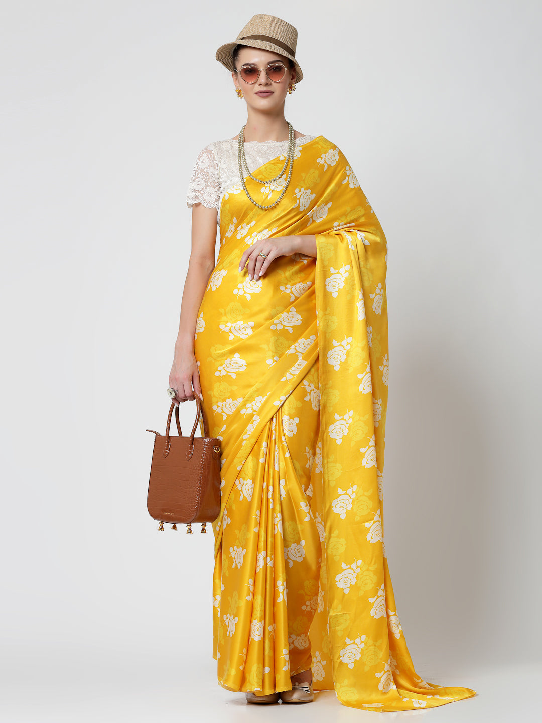Yellow Floral Print Saree, Professional Sarees for Women - Traditional Workwear Elegance