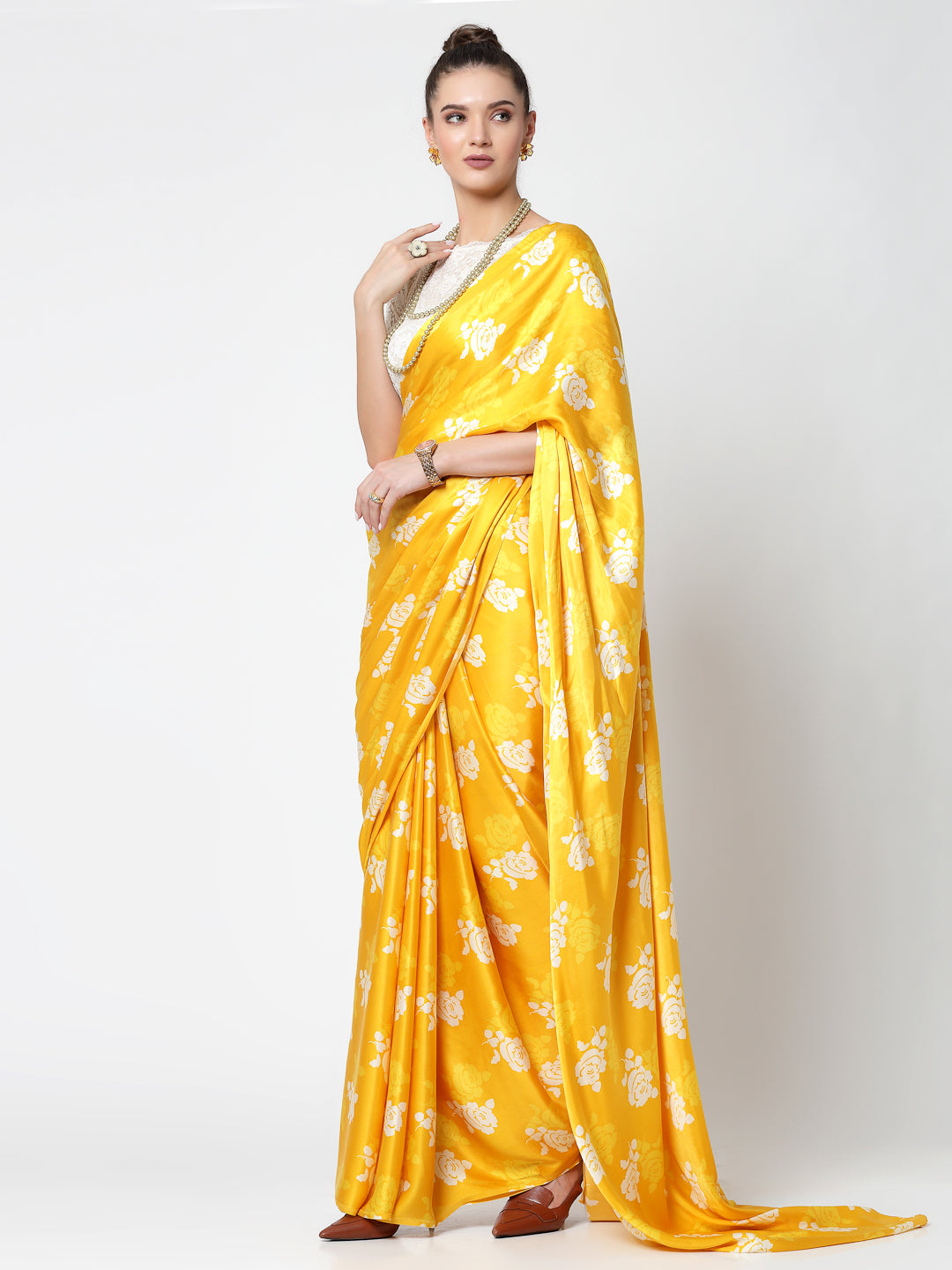 Yellow Floral Print Saree, Professional Sarees for Women - Traditional Workwear Elegance
