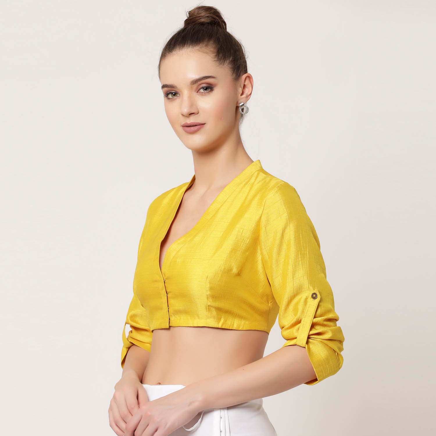 Yellow Silk Blouse With Turn-Up Sleeves, Stylish Blouses for Sarees—Perfect for Office Wear