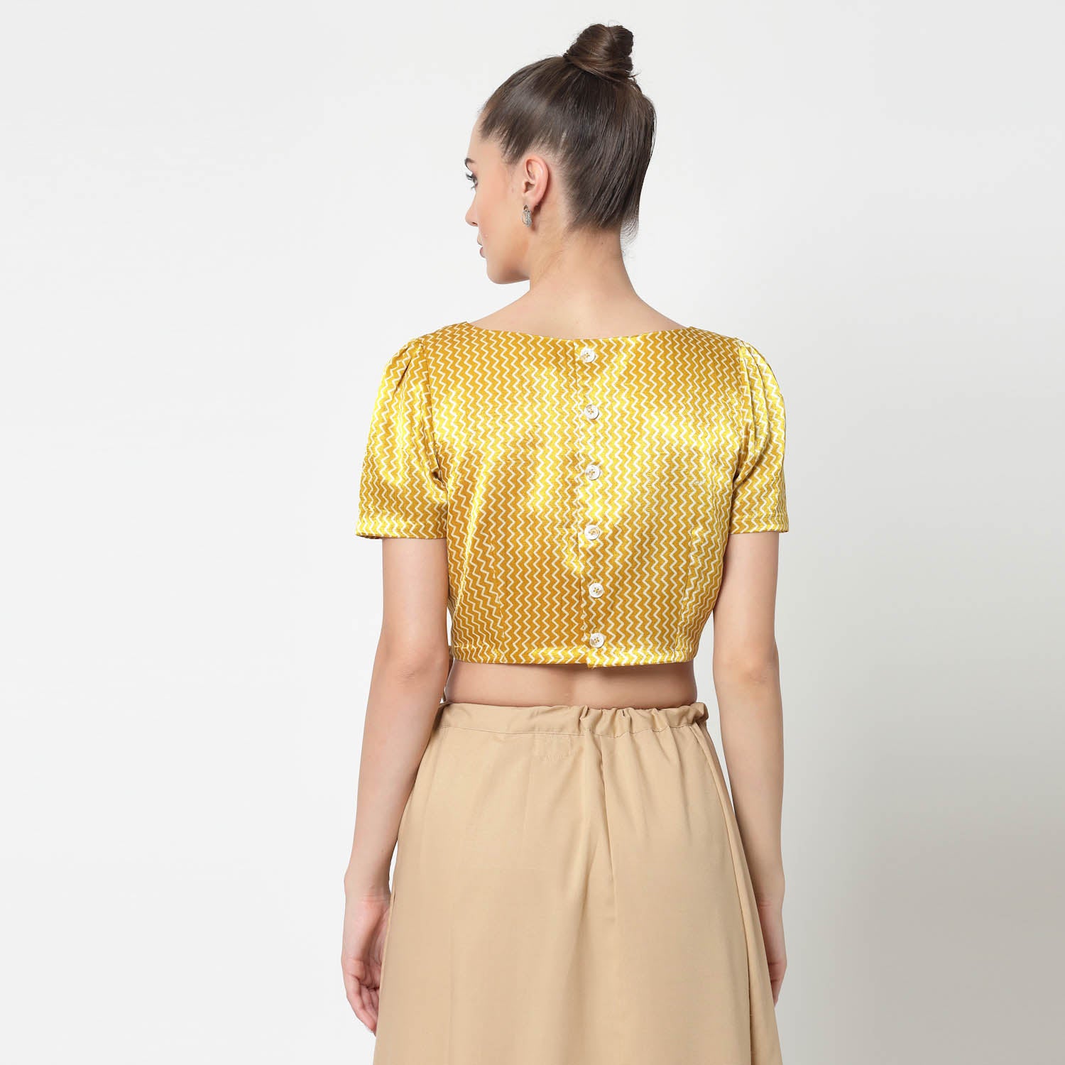 Yellow & White Printed Blouse With White Buttons, Stylish Blouses for Sarees, Perfect for Office Wear