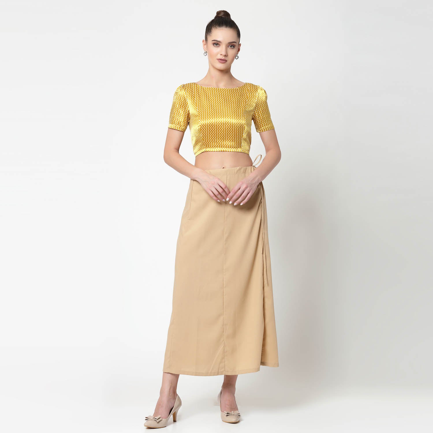 Yellow & White Printed Blouse With White Buttons, Stylish Blouses for Sarees, Perfect for Office Wear