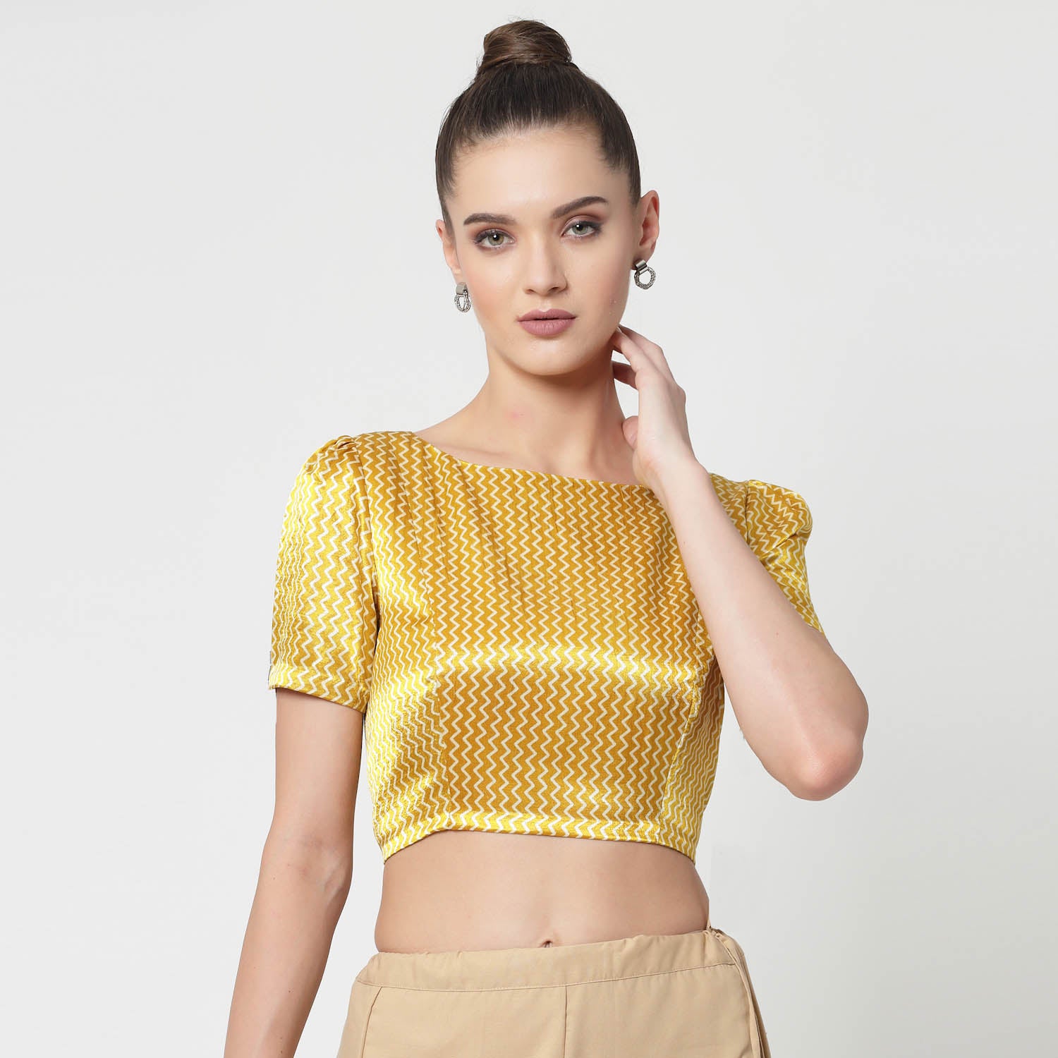 Yellow & White Printed Blouse With White Buttons, Stylish Blouses for Sarees, Perfect for Office Wear