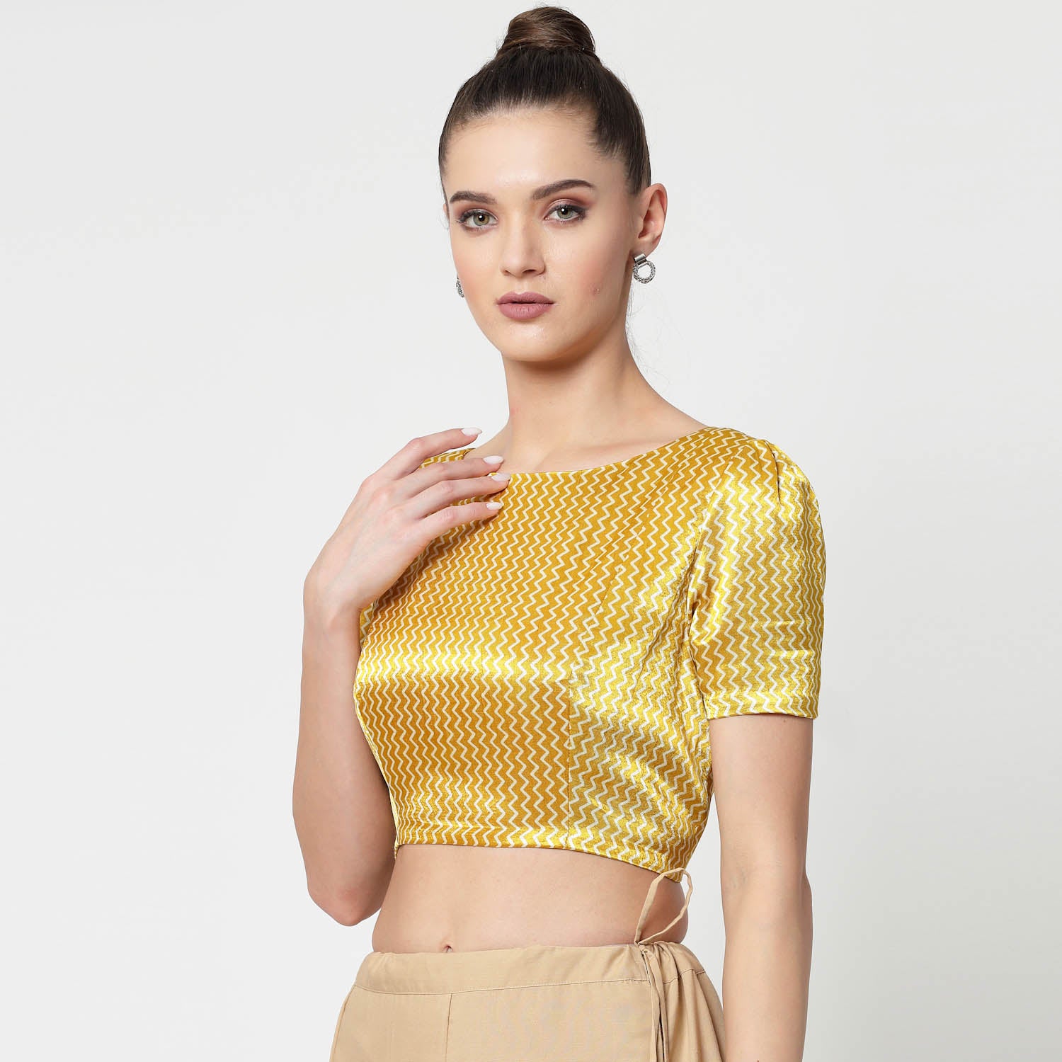 Yellow & White Printed Blouse With White Buttons, Stylish Blouses for Sarees, Perfect for Office Wear