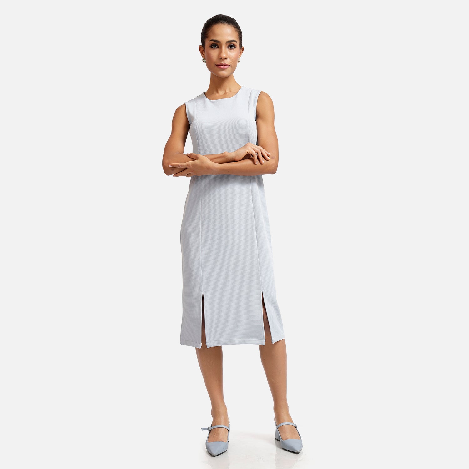 Blue Texture Lycra Long Slit Dress