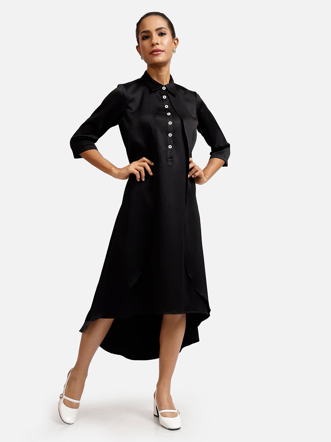 Black Satin Overlap Dresses for Ladies-5