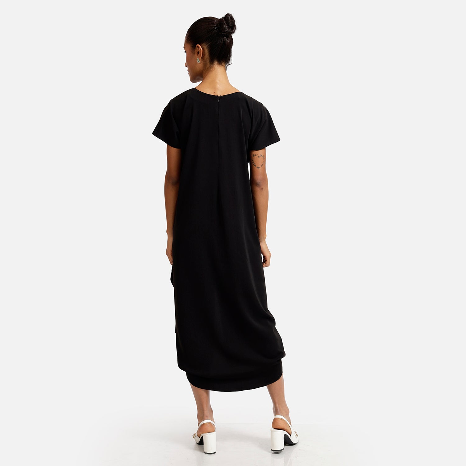 Black Crepe Front Draw String Dresses for Women Office Wear-4