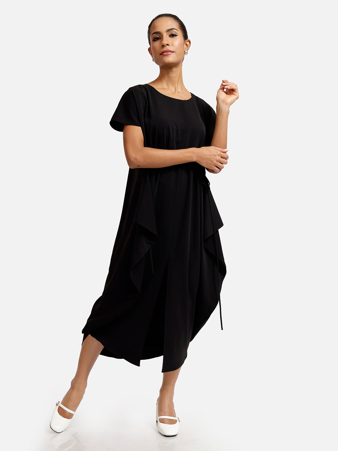 Black Crepe Front Draw String Dresses for Women Office Wear-5