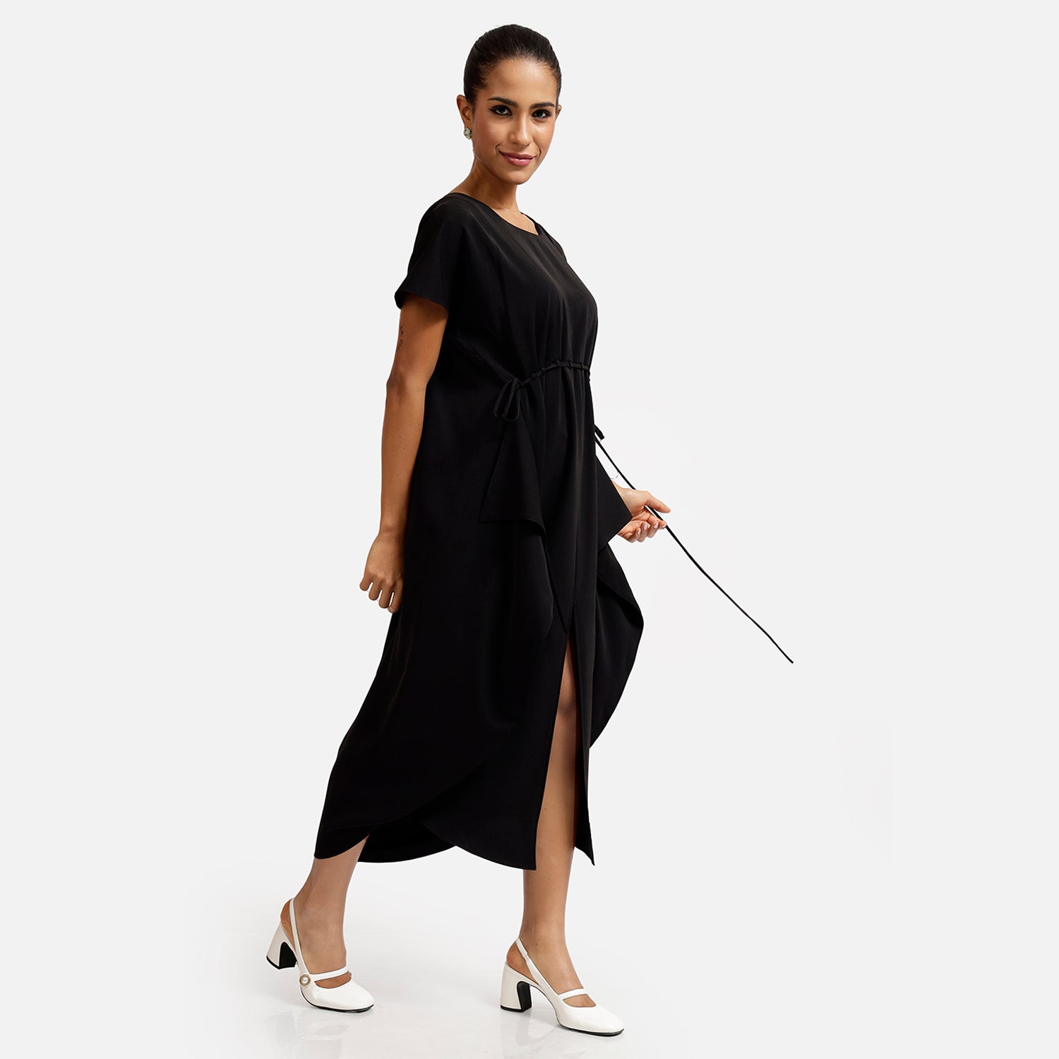 Black Crepe Front Draw String Dresses for Women Office Wear-2