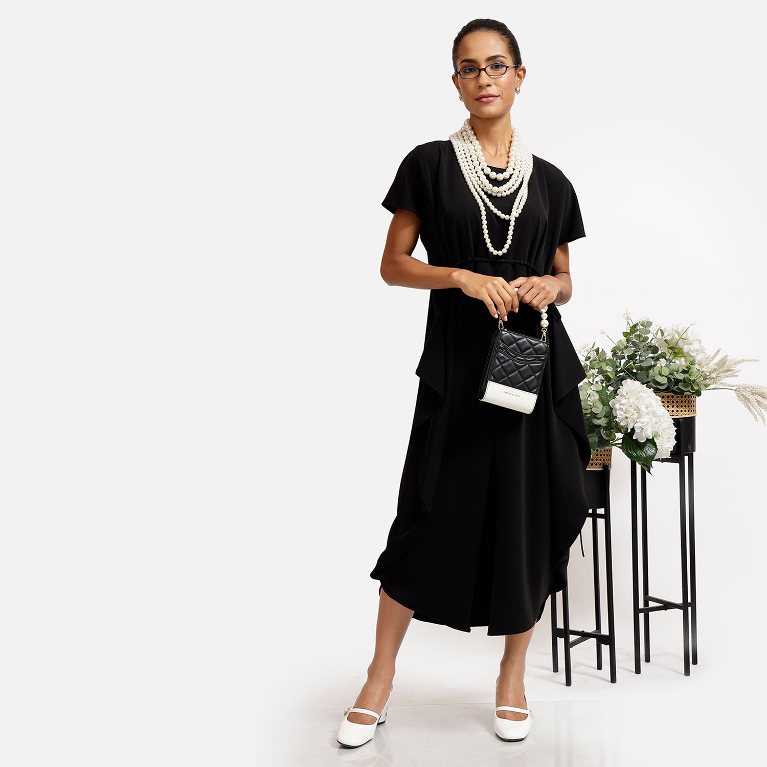 Black Crepe Front Draw String Dresses for Women Office Wear-6