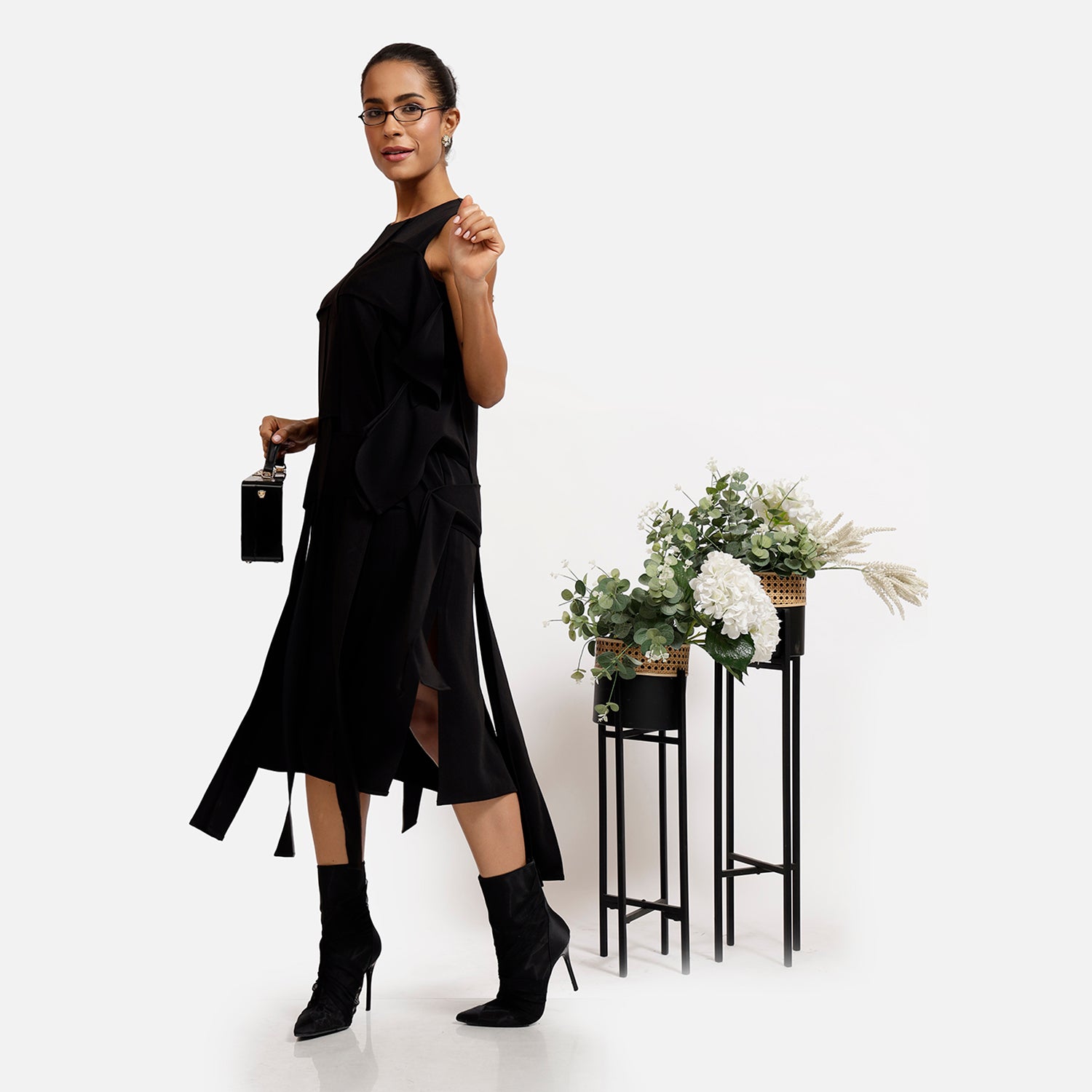 Black Crepe Flap Patch Dress