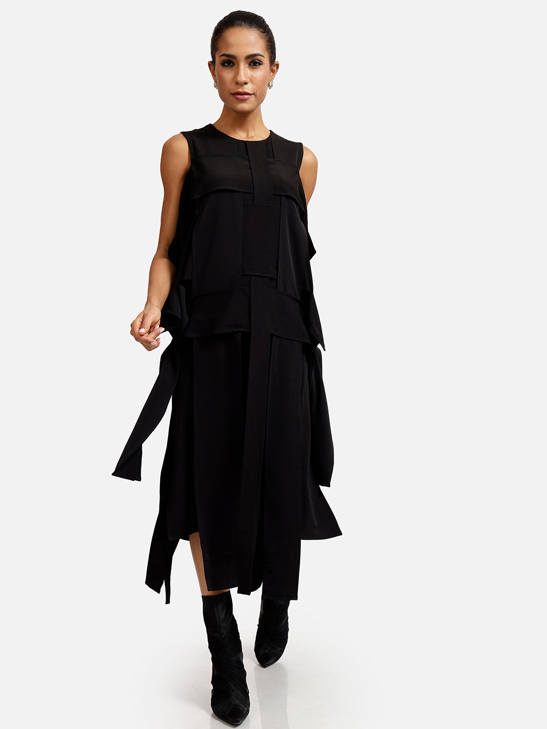 Black Crepe Flap Patch Dress
