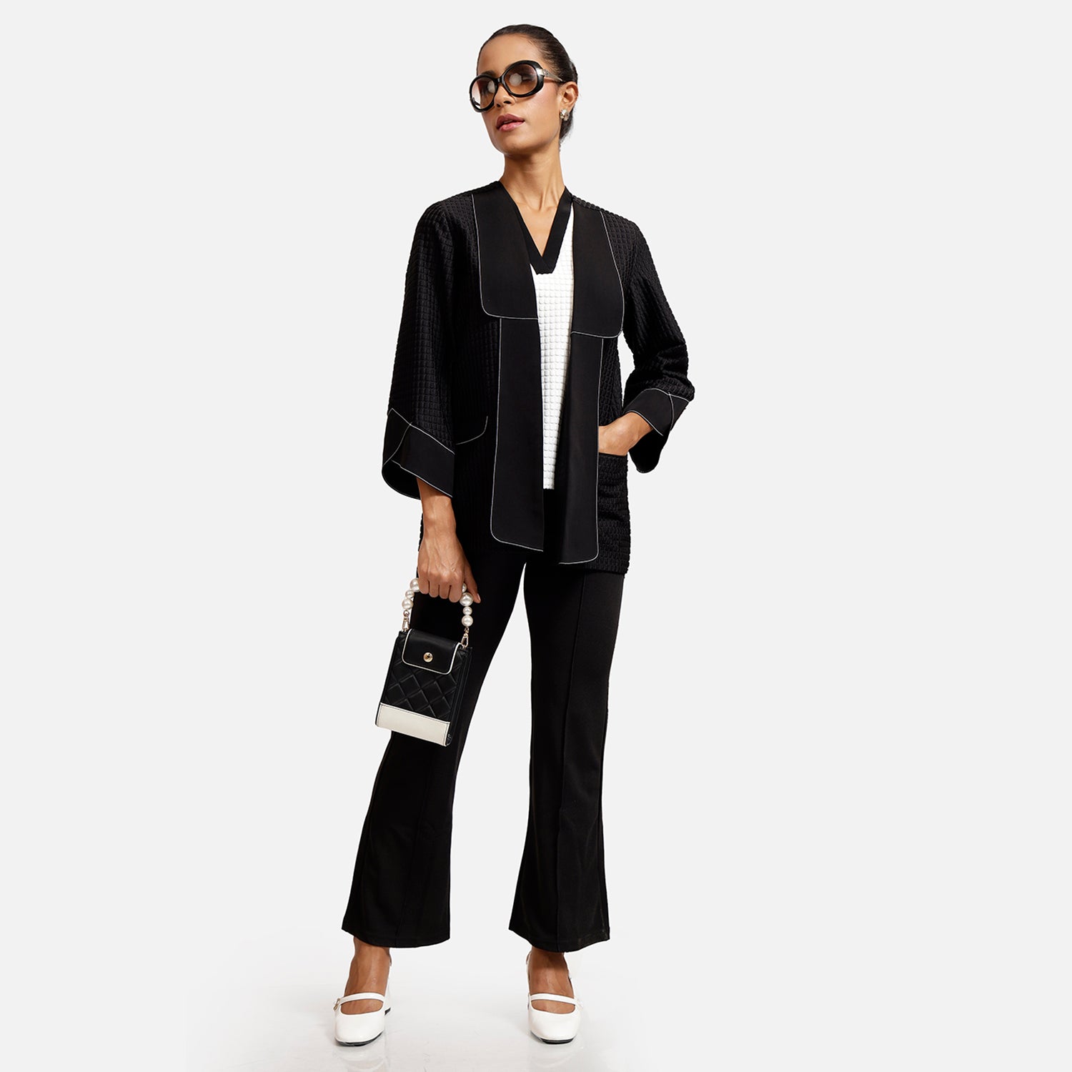 Black Textured Jacket With Contrast Top Stitch