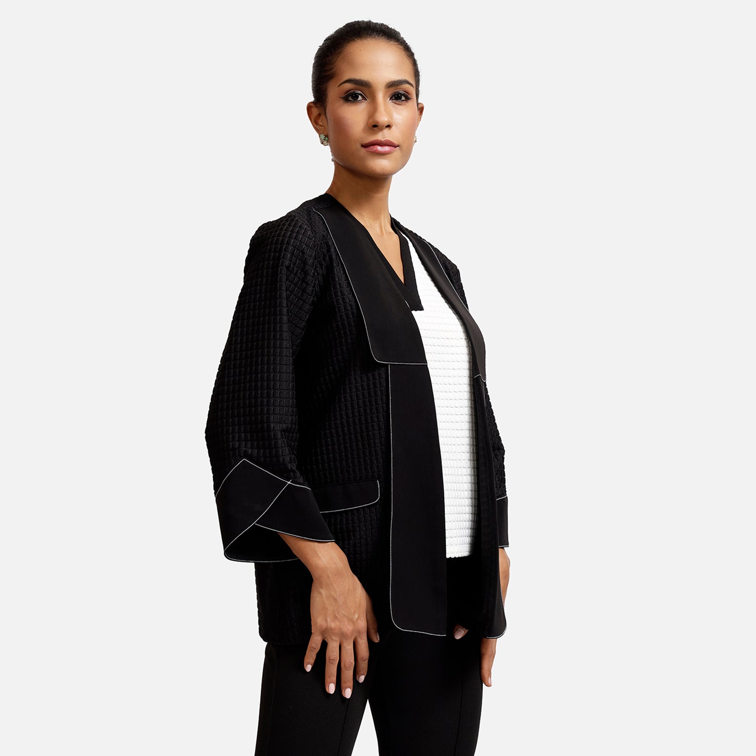Black Textured Jacket With Contrast Top Stitch