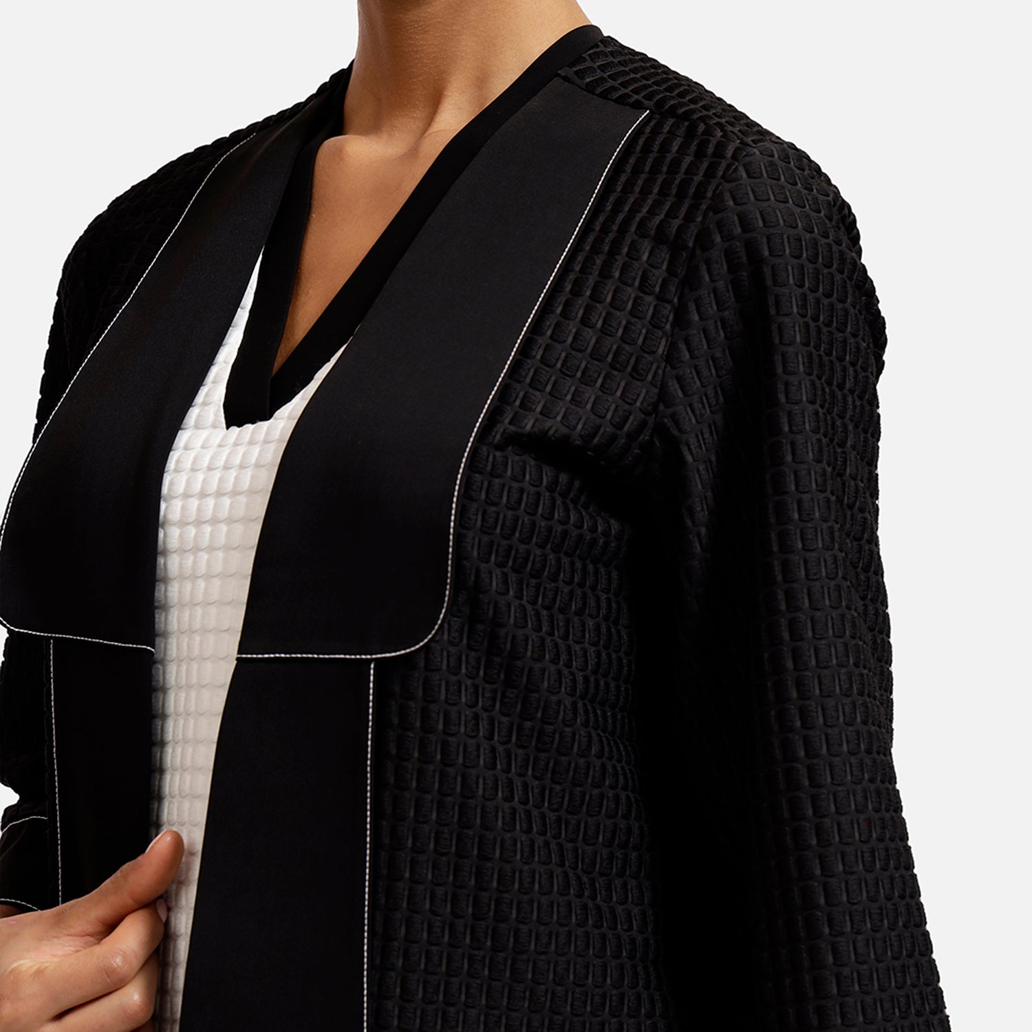 Black Textured Jacket With Contrast Top Stitch