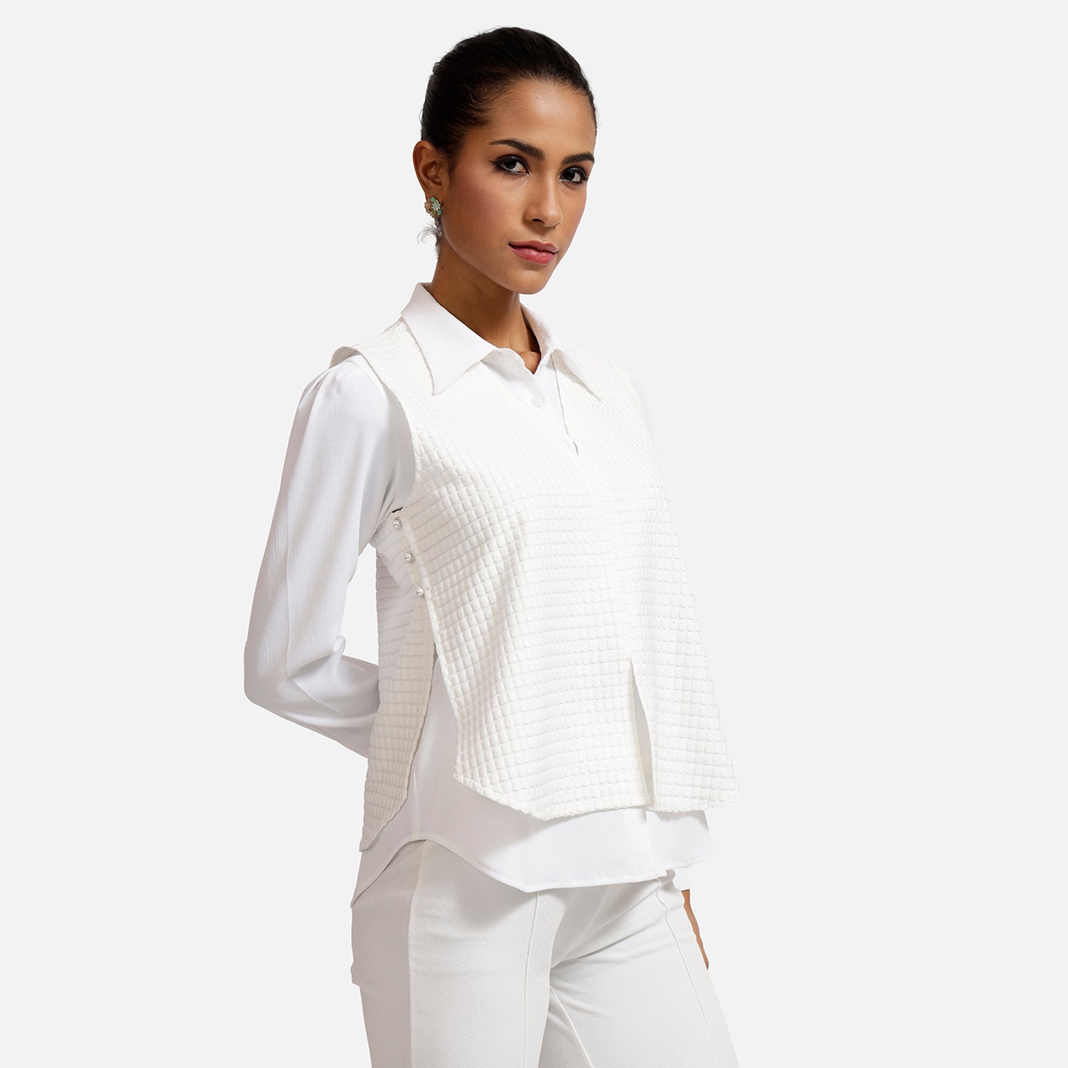 White Textured Sleeveless Top with Shirt for Women-2