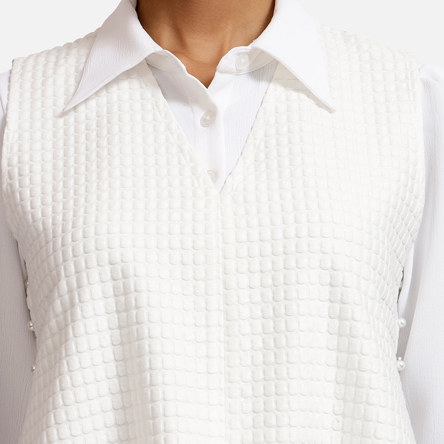 White Textured Sleeveless Top with Shirt for Women-3