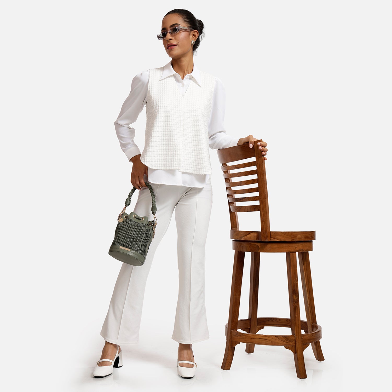 White Textured Sleeveless Top with Shirt for Women-8