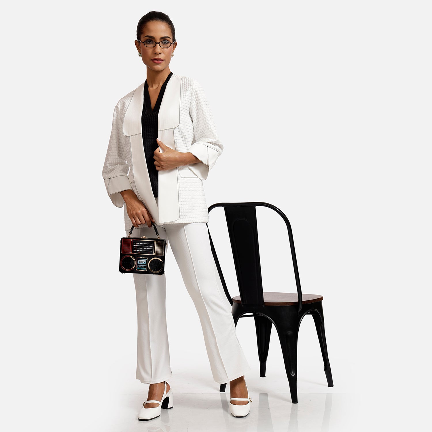 White Textured Jacket with Contrast Top Stitch-4