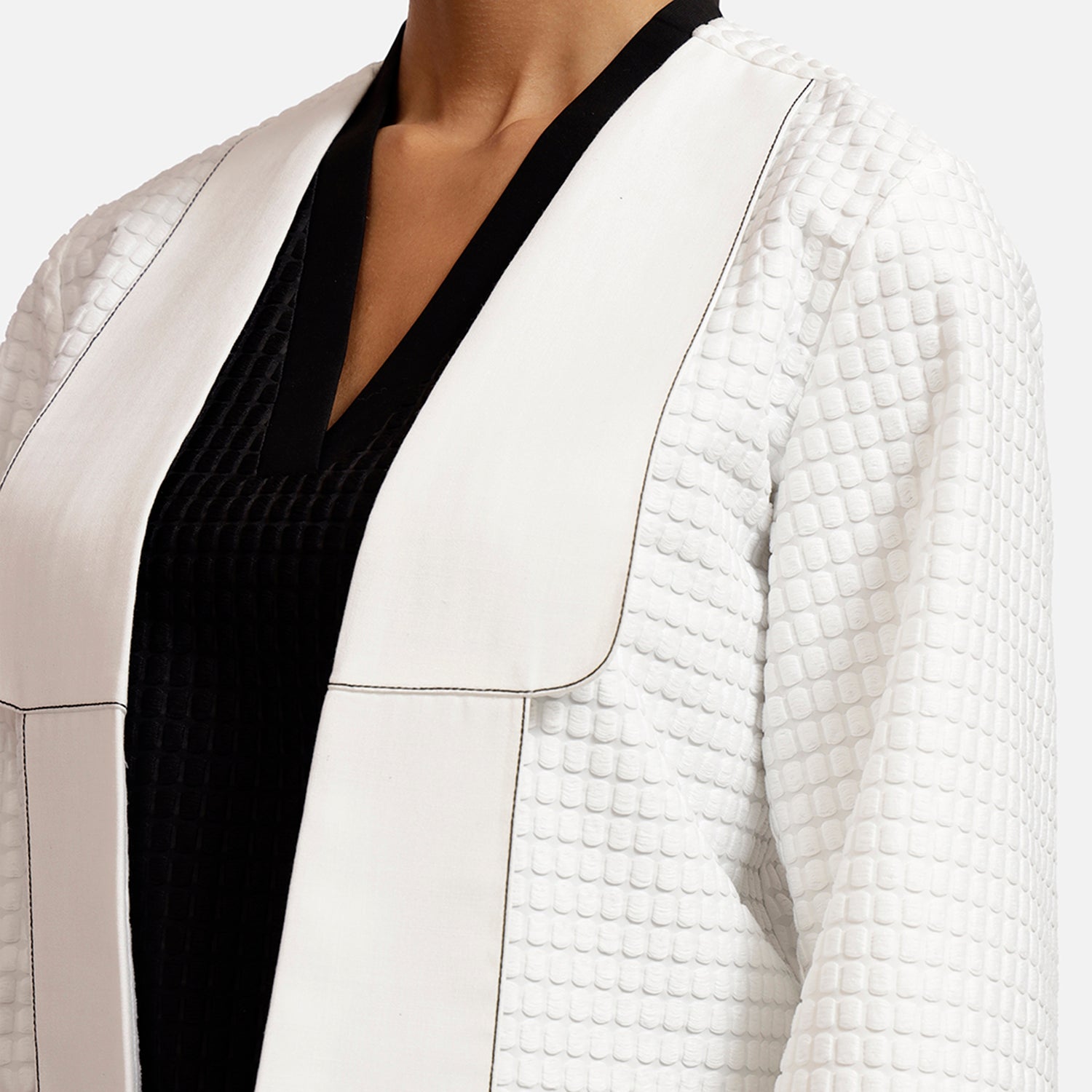 White Textured Jacket with Contrast Top Stitch-2