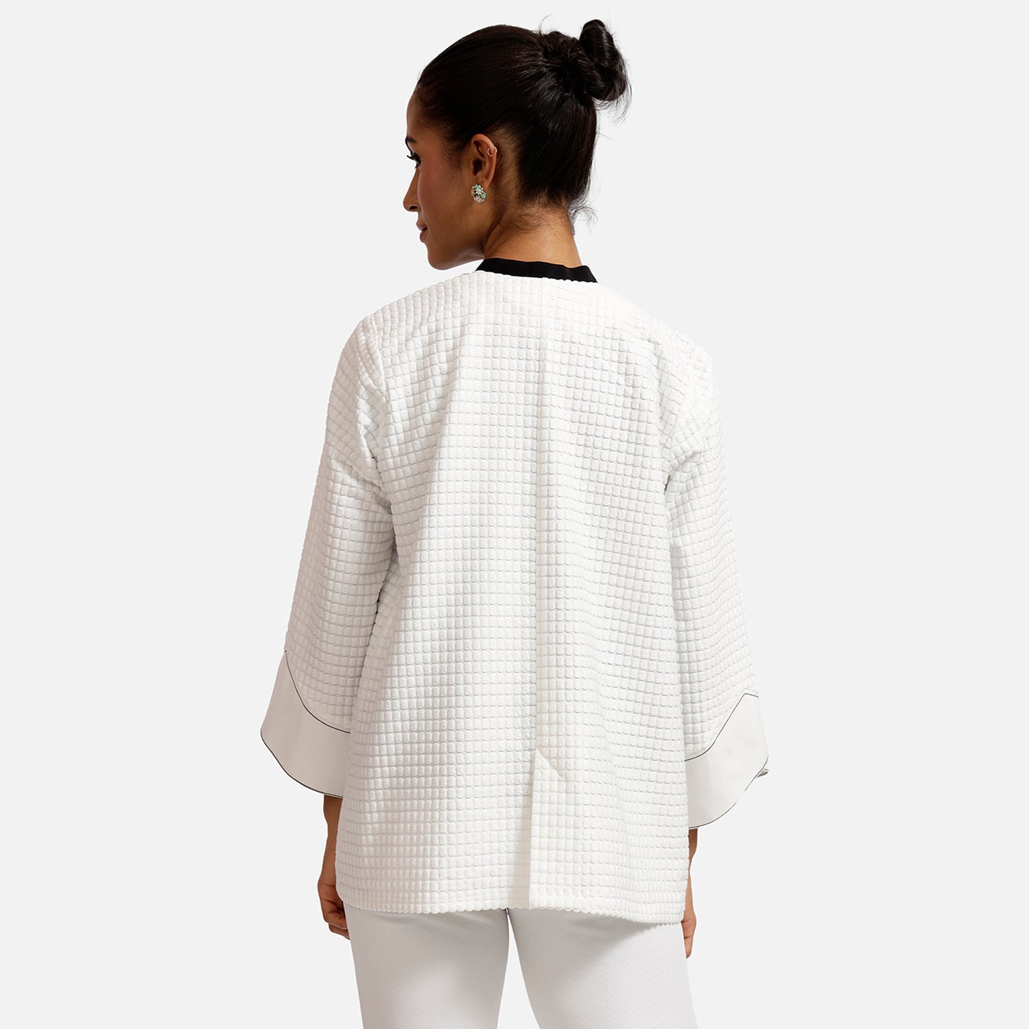 White Textured Jacket with Contrast Top Stitch-3