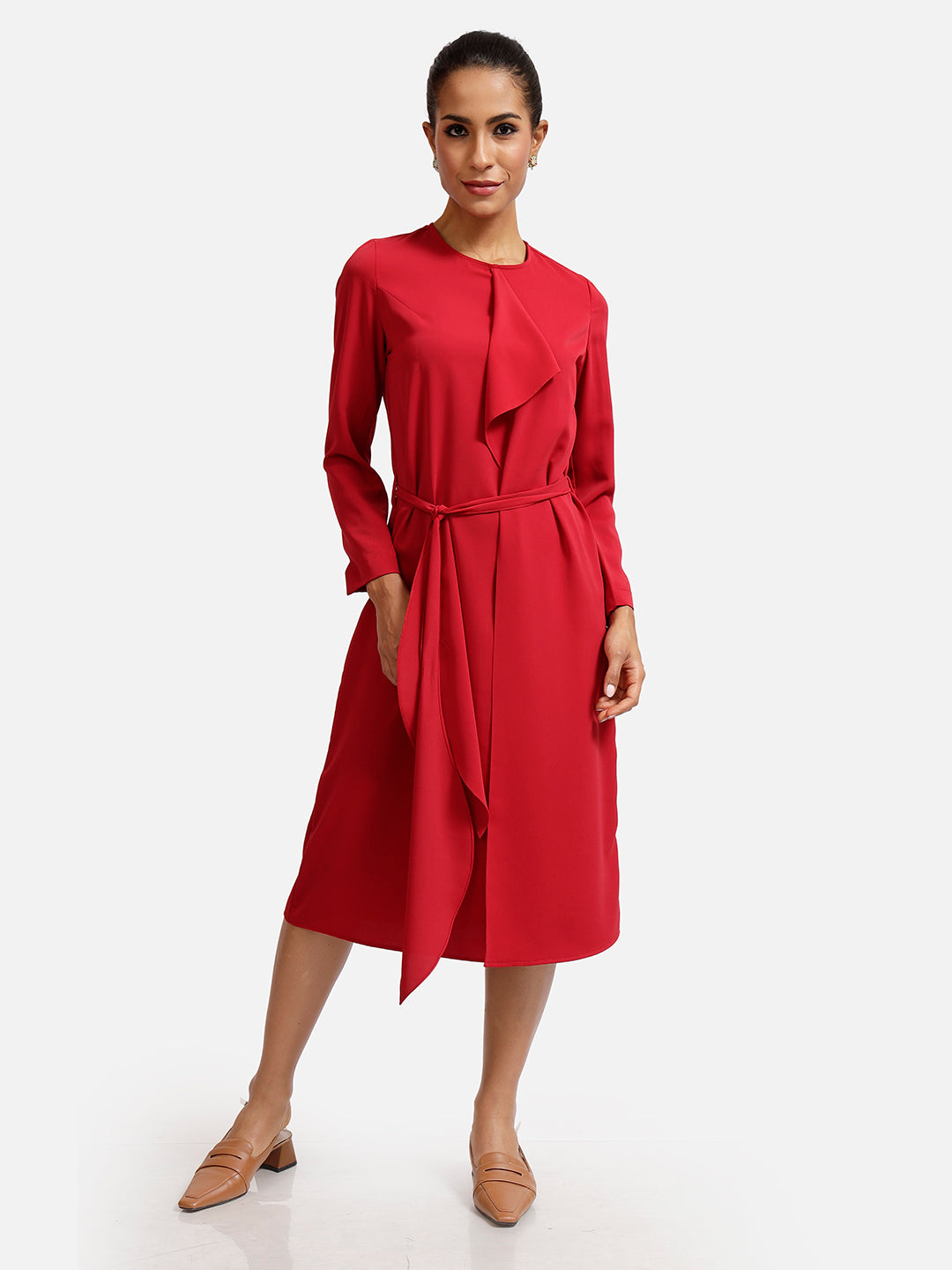 Red Overlap Tie Knot - Office Dresses for Ladies-5