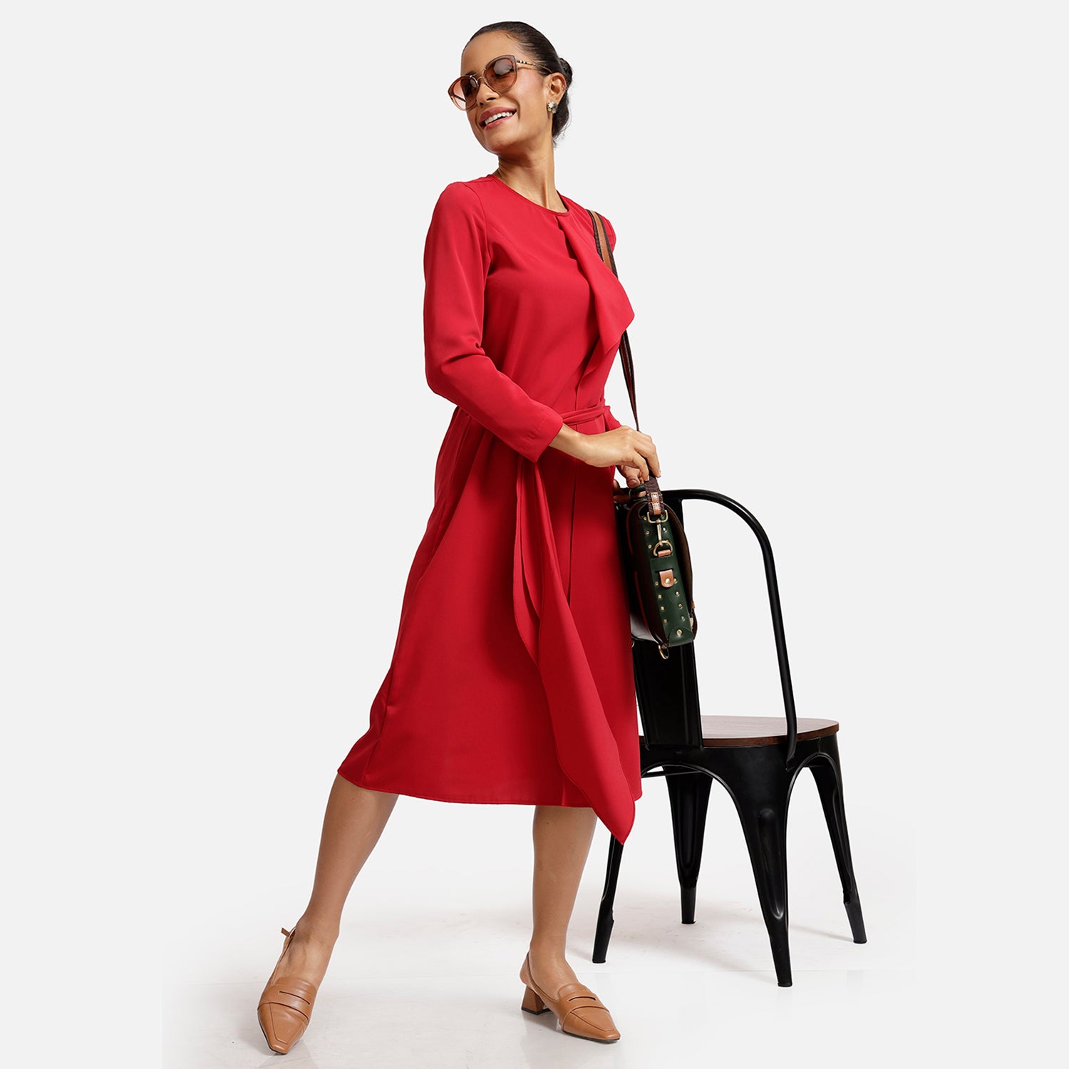 Red Overlap Tie Knot - Office Dresses for Ladies-6