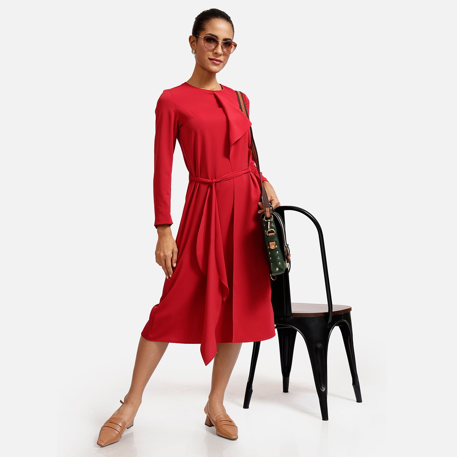 Red Overlap Tie Knot - Office Dresses for Ladies