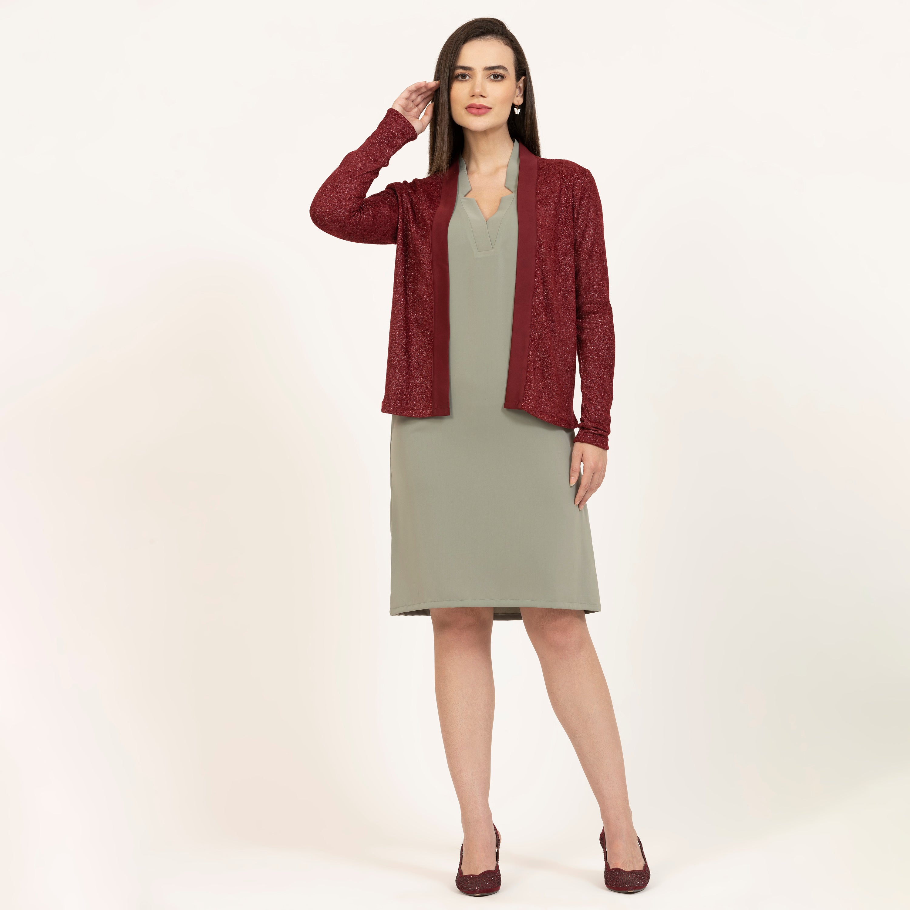 Maroon Shimmer Velvet Lycra Shrug with Satin-6