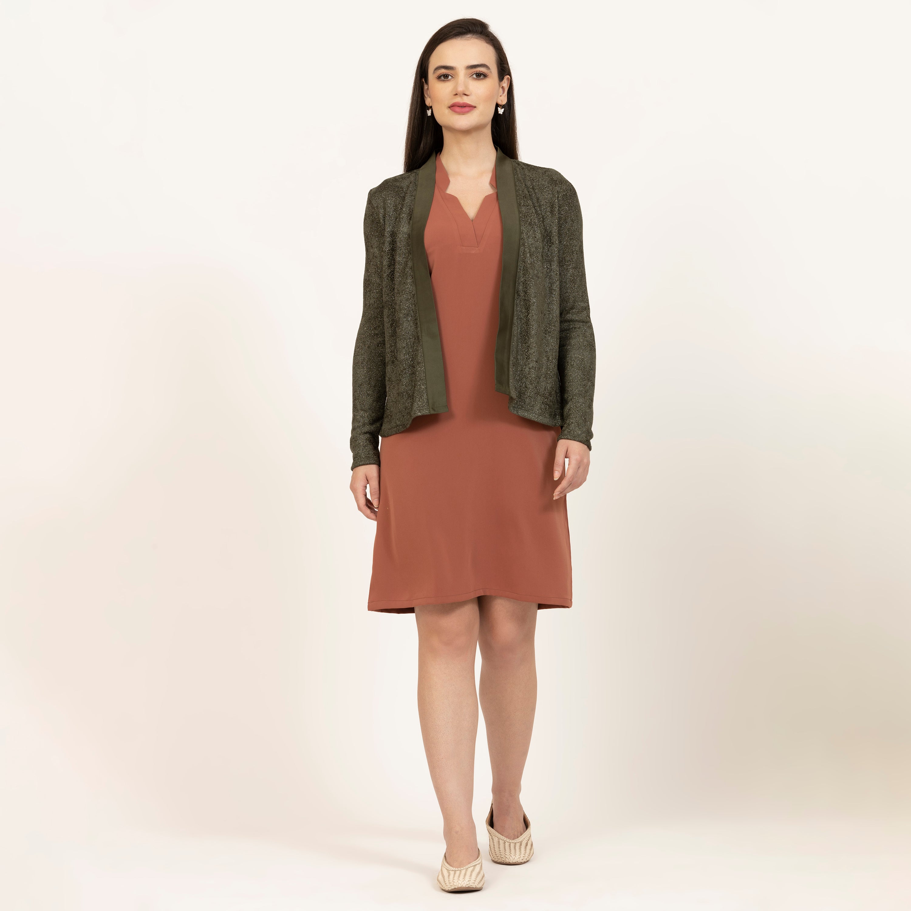 Dark Green Shimmer Velvet Lycra Shrug with Satin-6