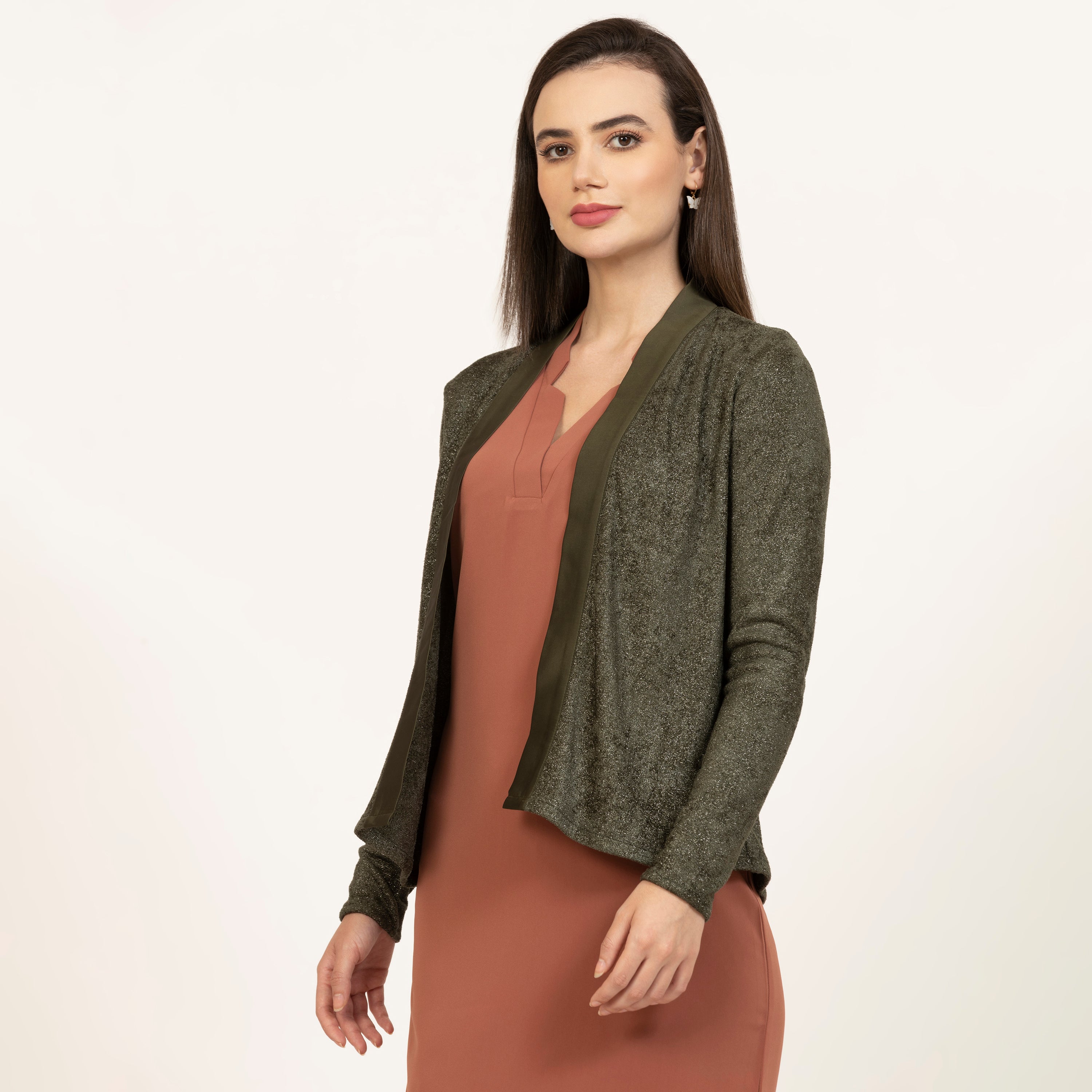 Dark Green Shimmer Velvet Lycra Shrug with Satin-1