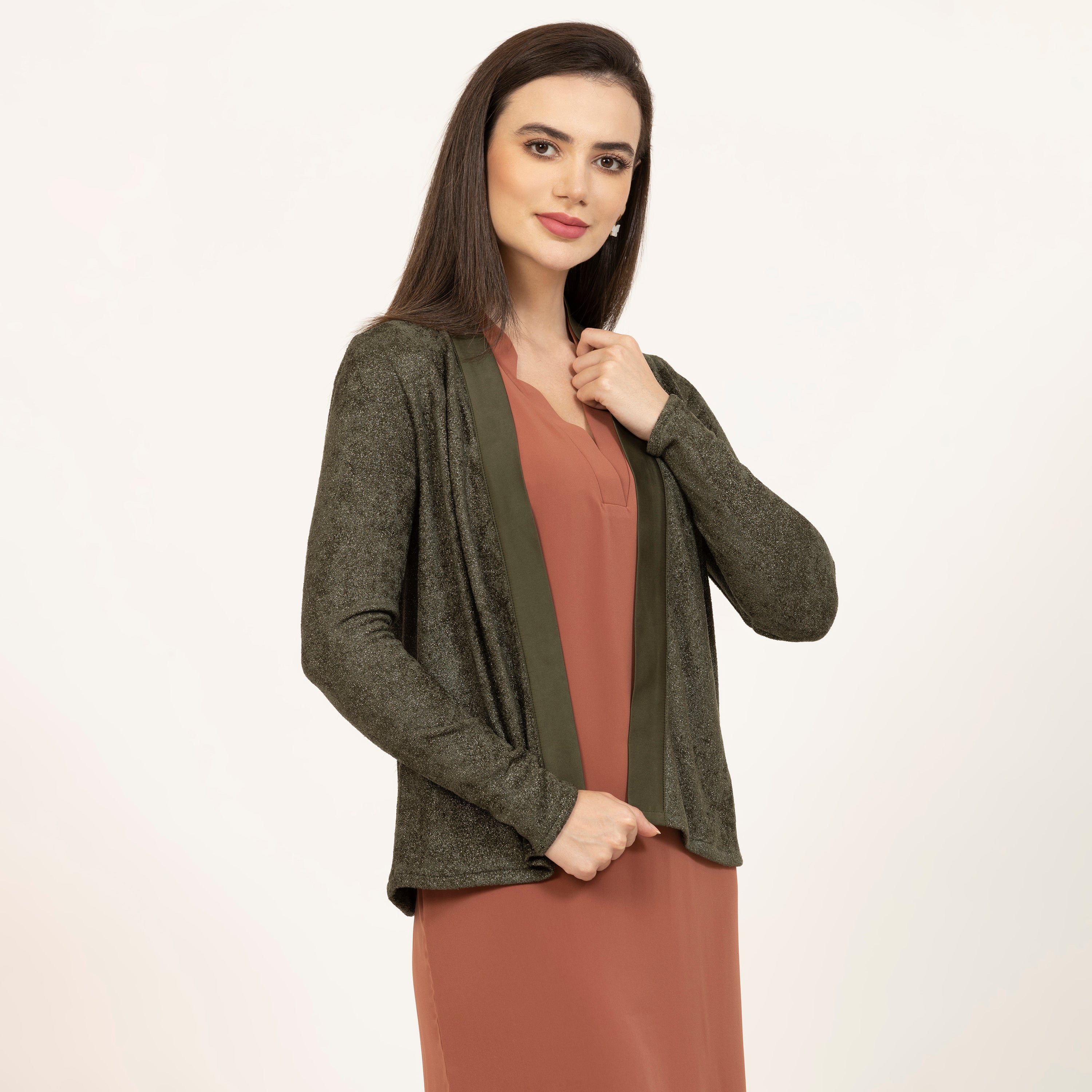 Dark Green Shimmer Velvet Lycra Shrug with Satin-2