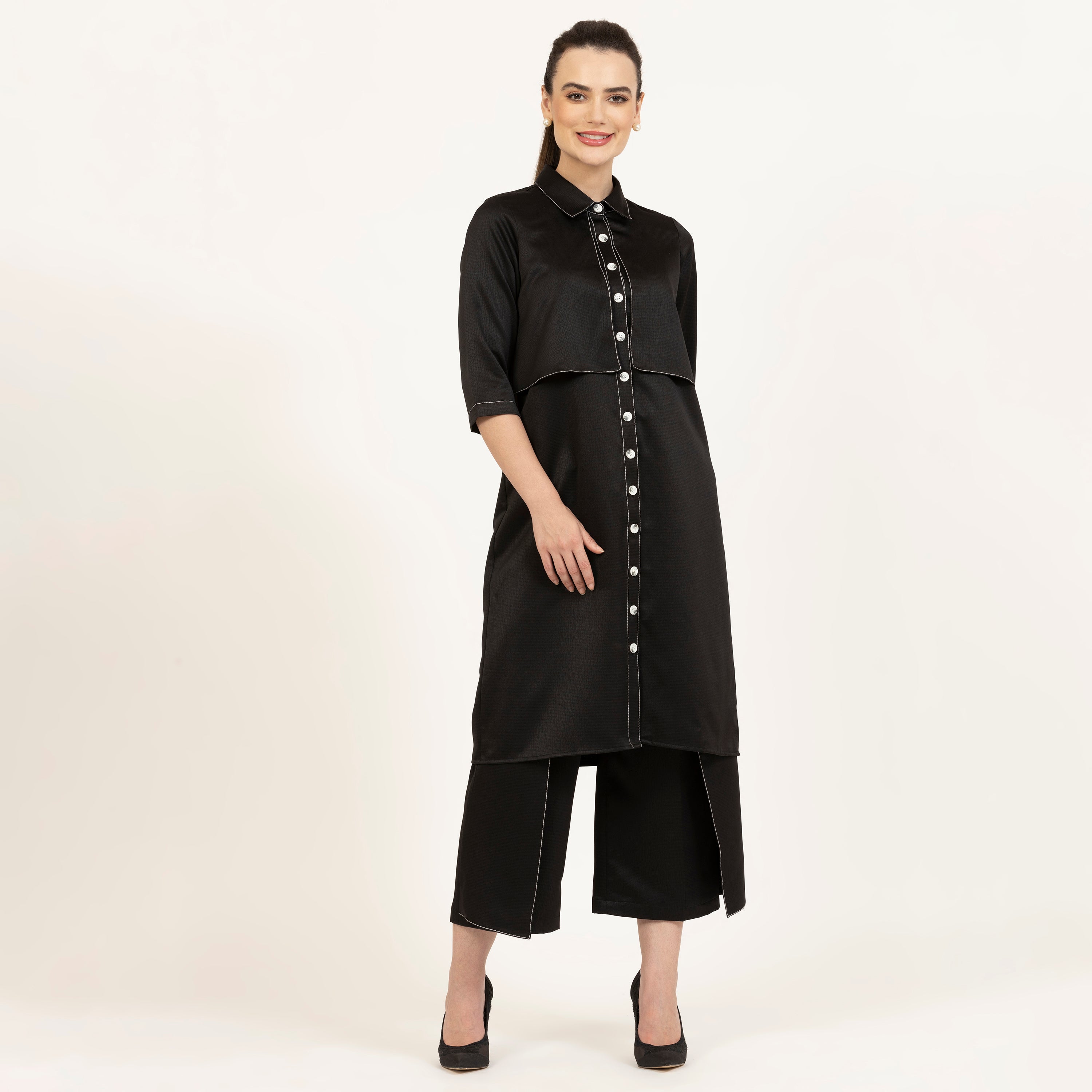 Black Texture Satin Flap Dresses for Women-2