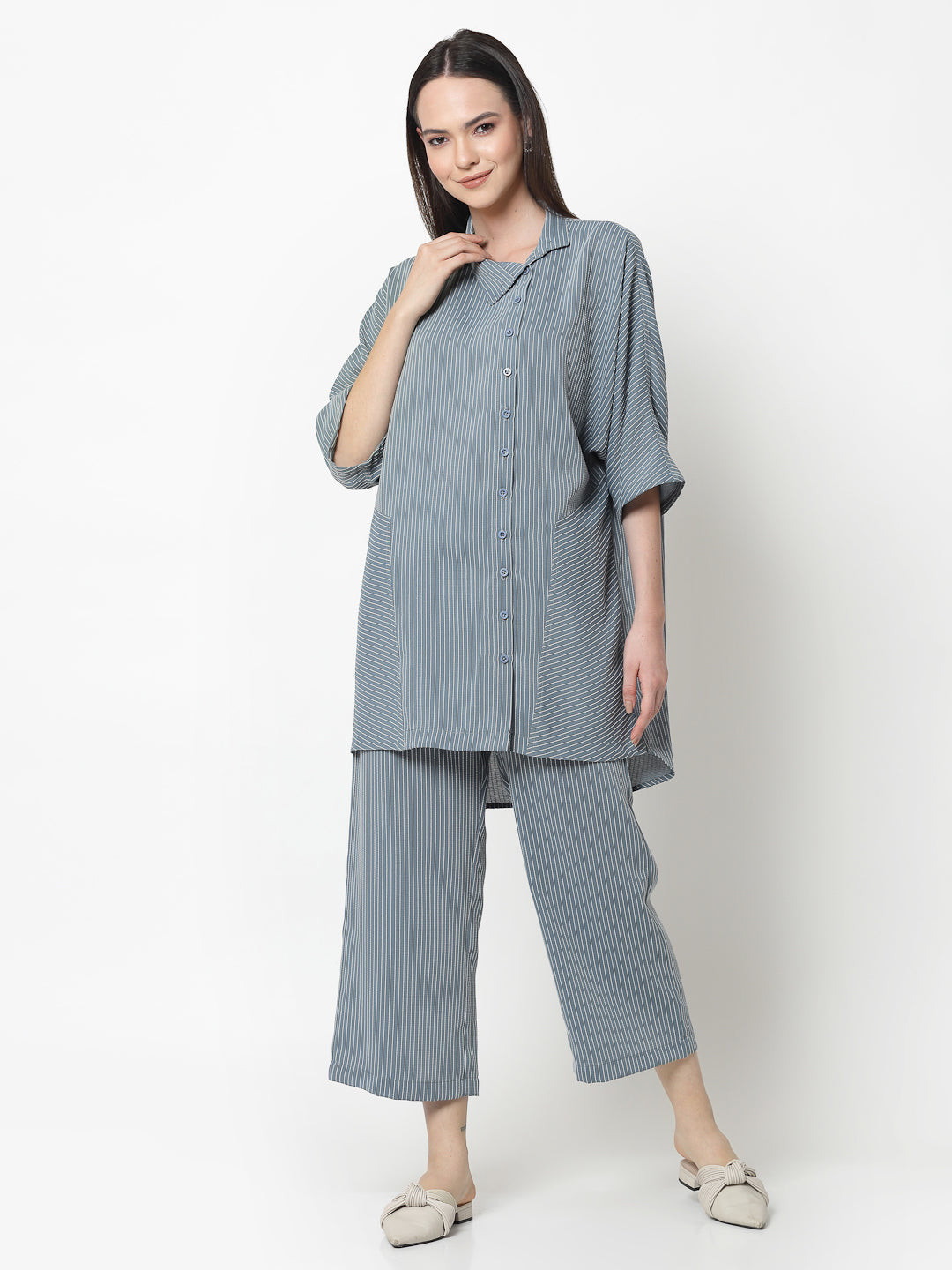 Blue Oversize Shirt With White Lines