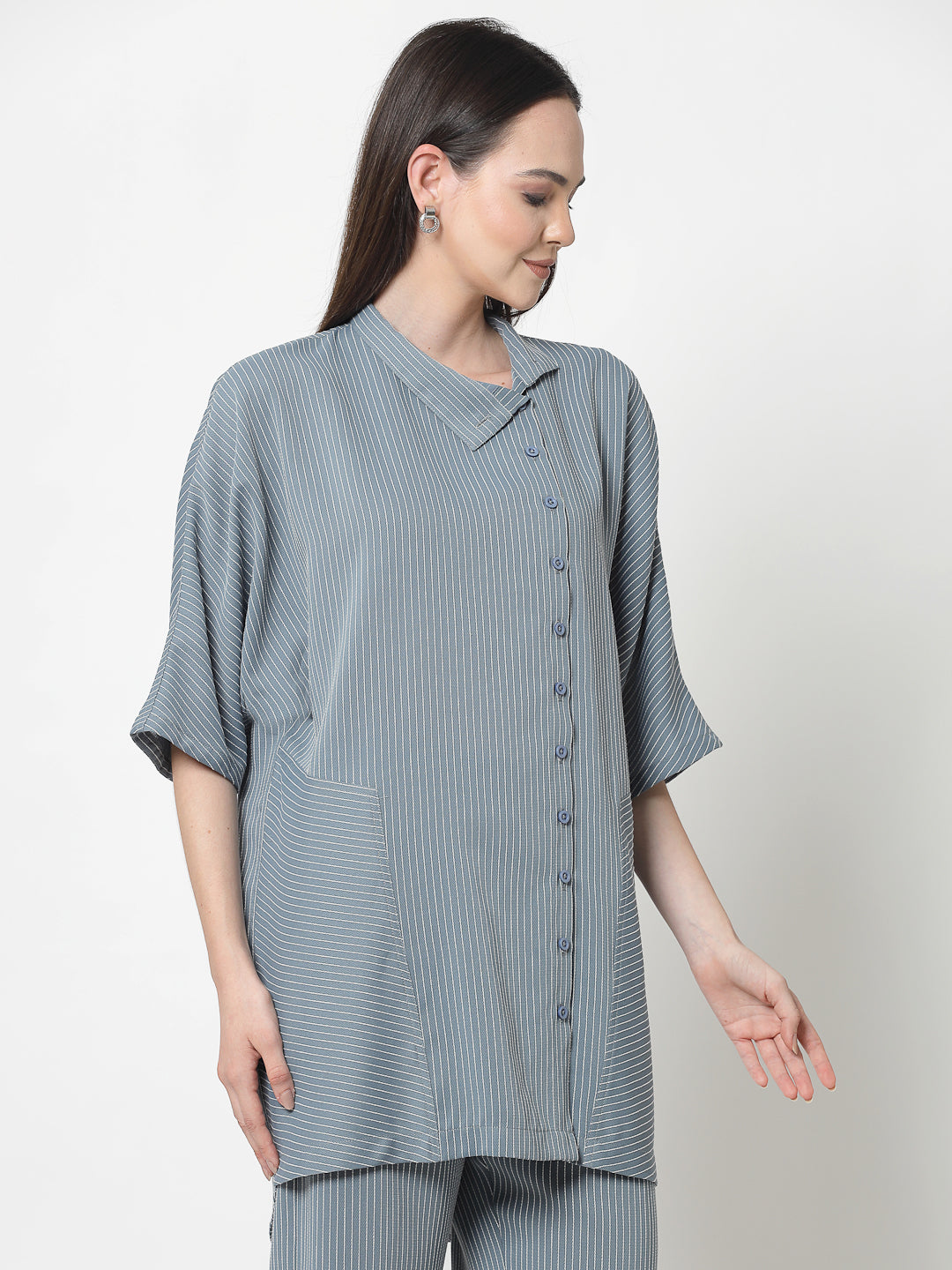 Blue Oversize Shirt With White Lines