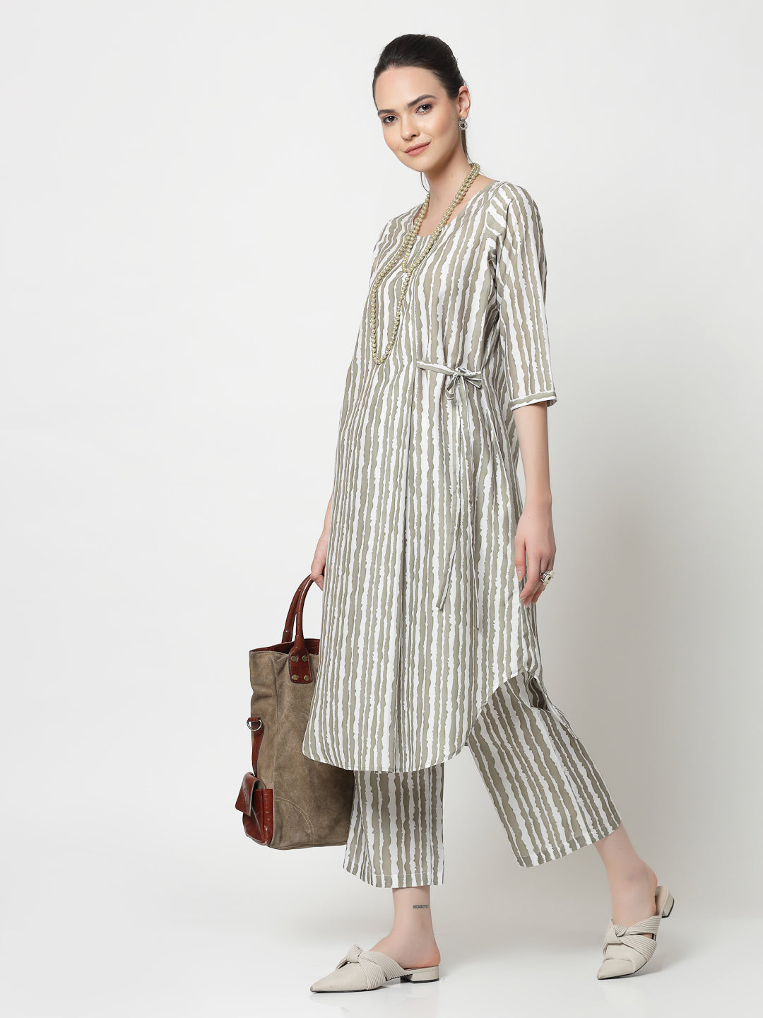 Olive & White Stripe Plazzo for Females -1